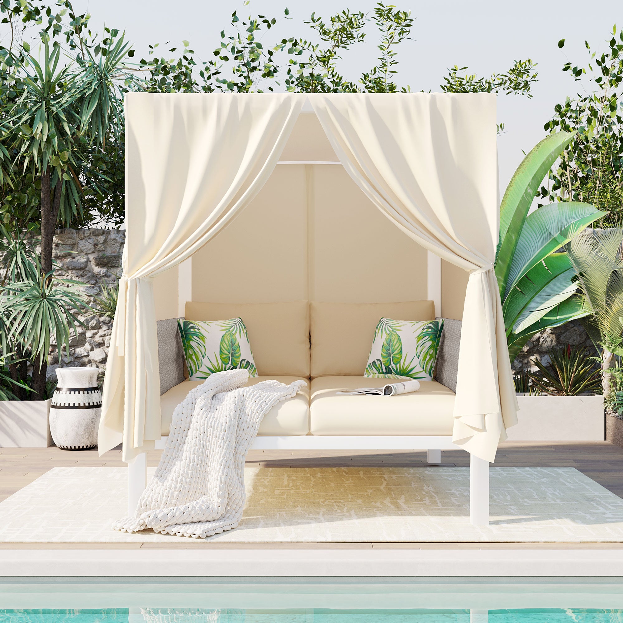 White Metal Woven Rope Outdoor Day Bed with Gray Cushions and Beige Canopy for Shade BOUSPS36-BEG