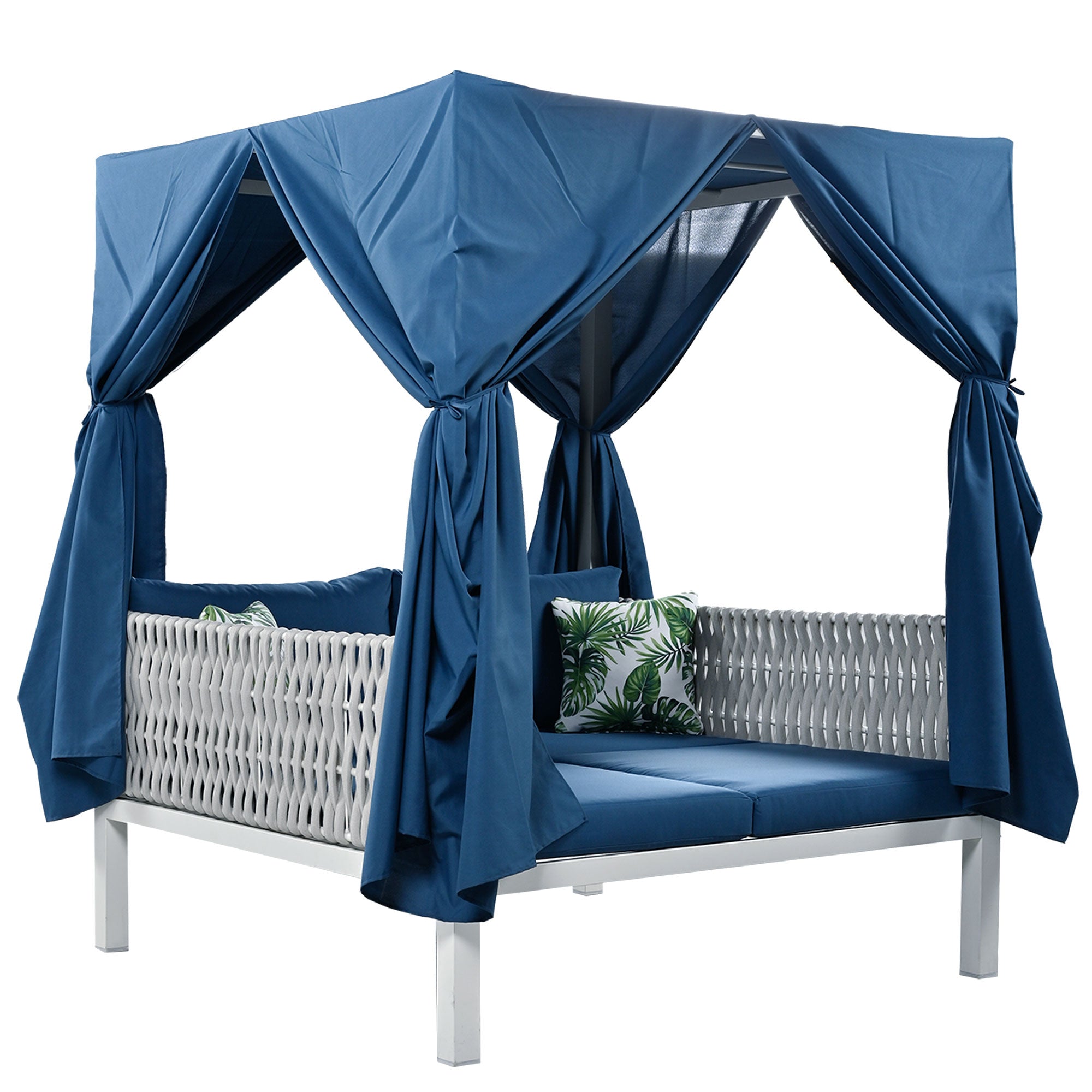 White Metal Woven Rope Outdoor Day Bed with Gray Cushions and Beige Canopy for Shade BOUSPS36-BL