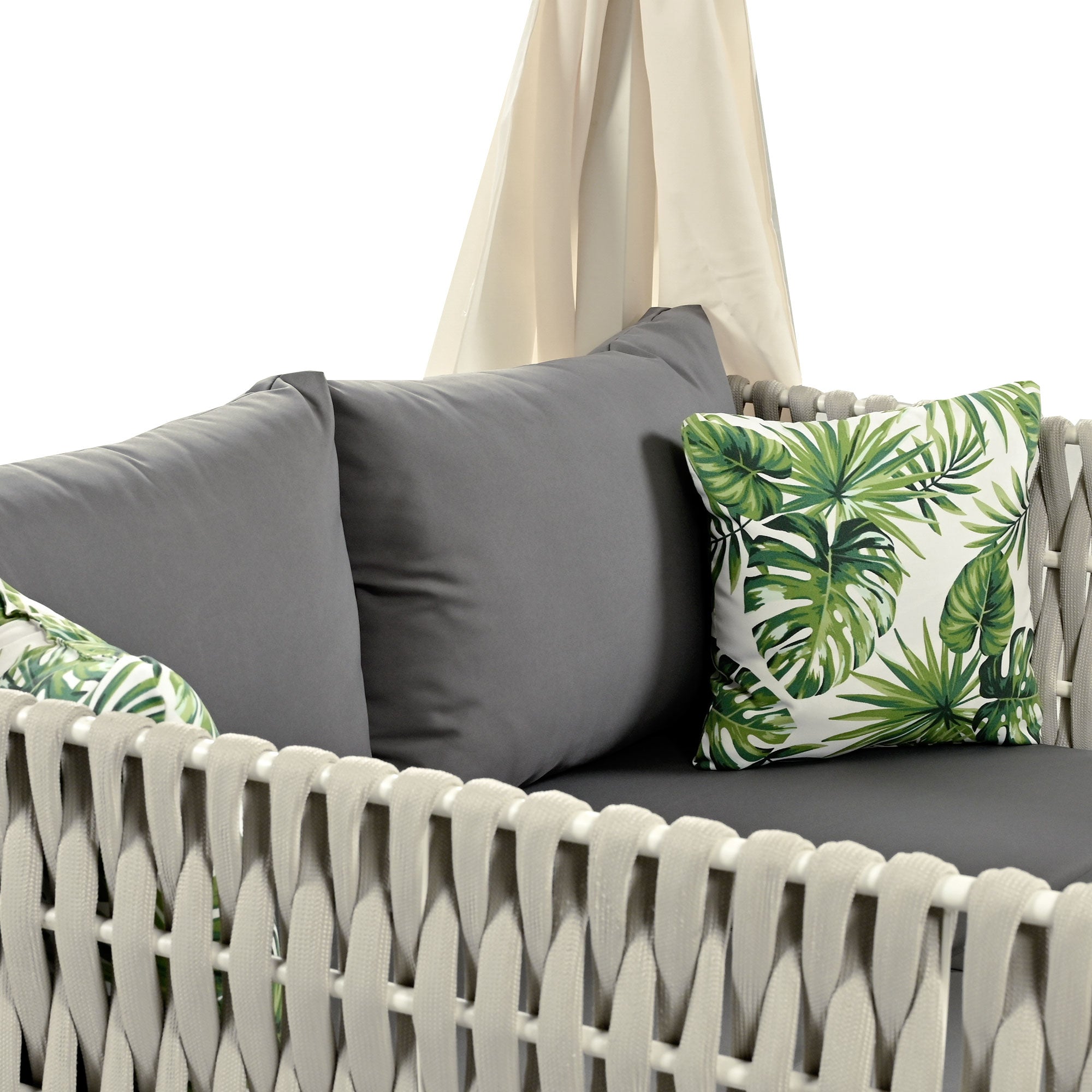 White Metal Woven Rope Outdoor Day Bed with Gray Cushions and Beige Canopy for Shade BOUSPS36-GR