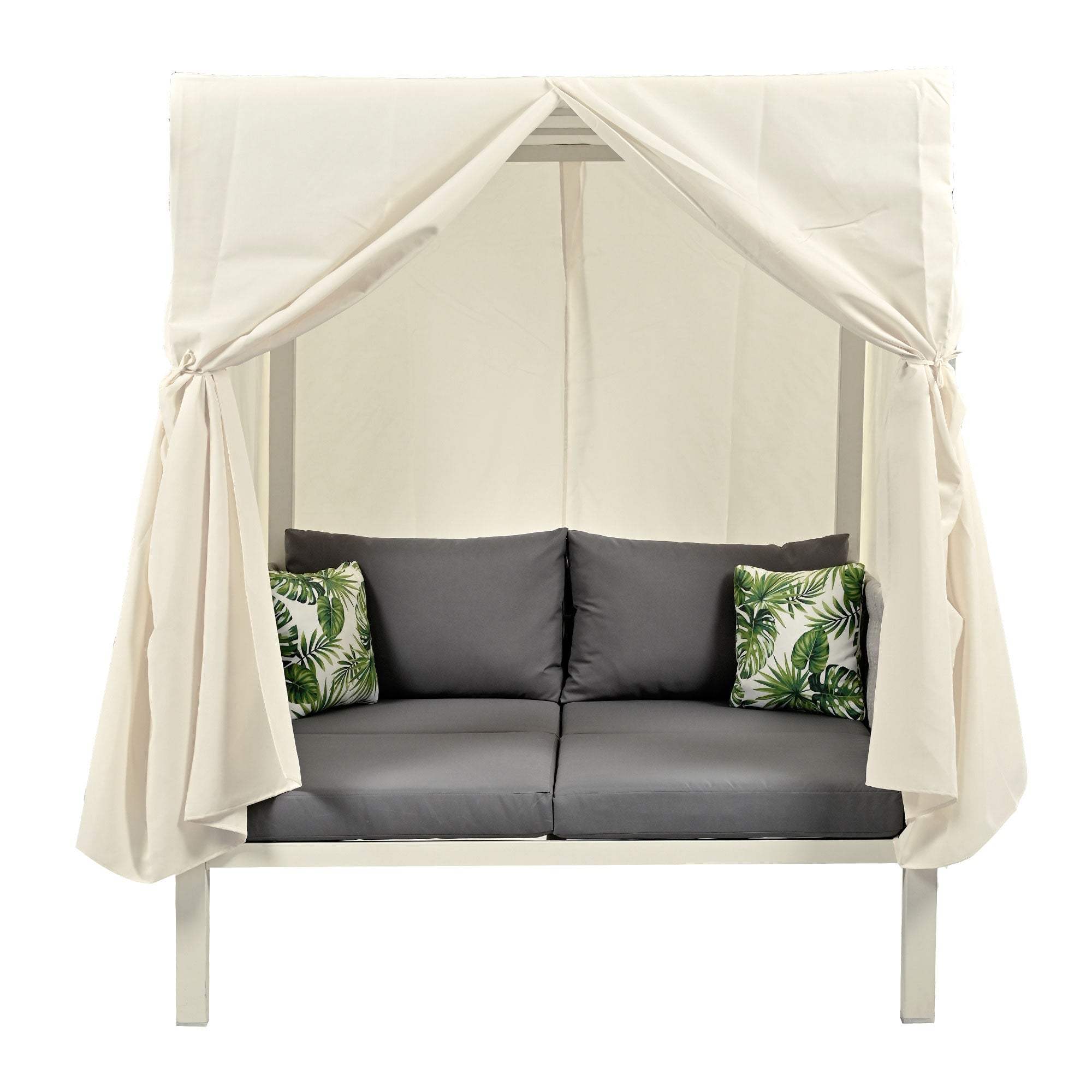 White Metal Woven Rope Outdoor Day Bed with Gray Cushions and Beige Canopy for Shade BOUSPS36-GR