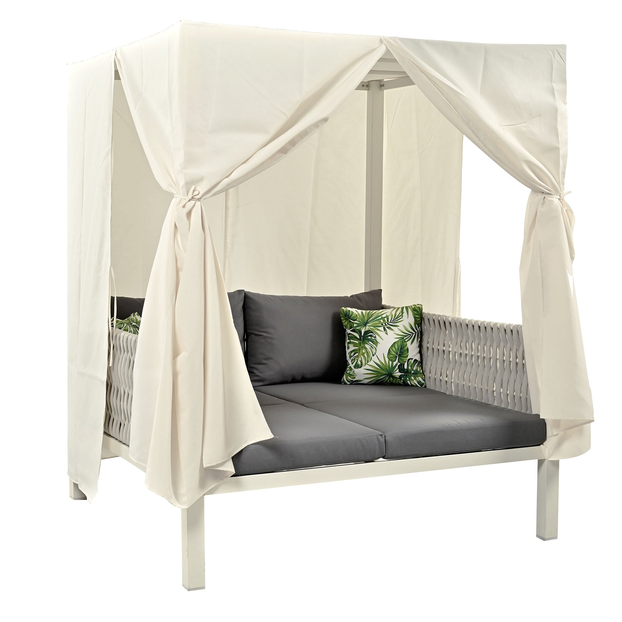 White Metal Woven Rope Outdoor Day Bed with Gray Cushions and Beige Canopy for Shade BOUSPS36-GR