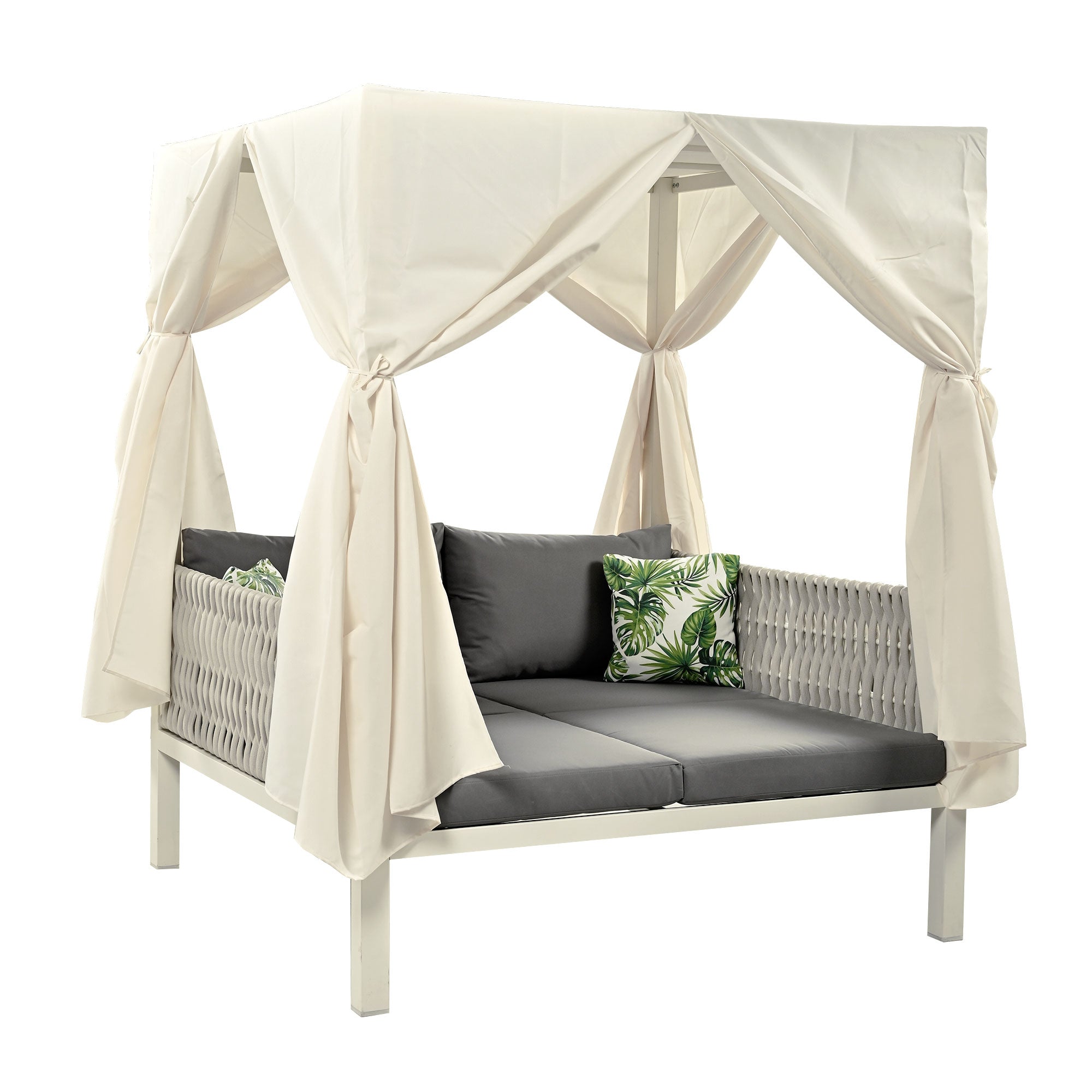 White Metal Woven Rope Outdoor Day Bed with Gray Cushions and Beige Canopy for Shade BOUSPS36-GR