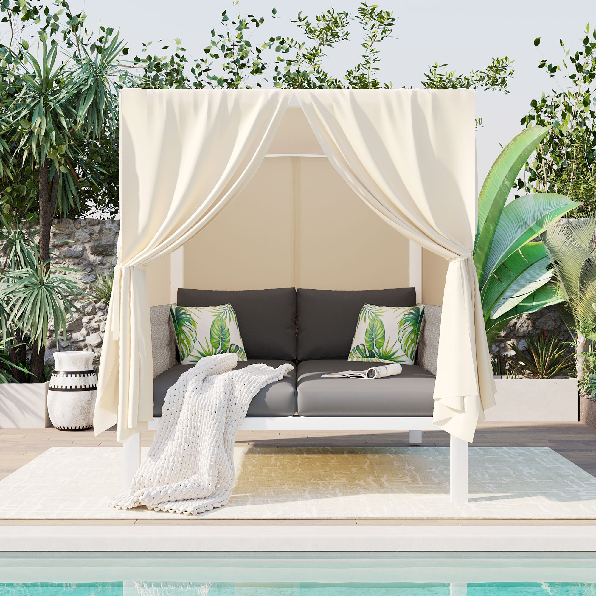 White Metal Woven Rope Outdoor Day Bed with Gray Cushions and Beige Canopy for Shade BOUSPS36-GR