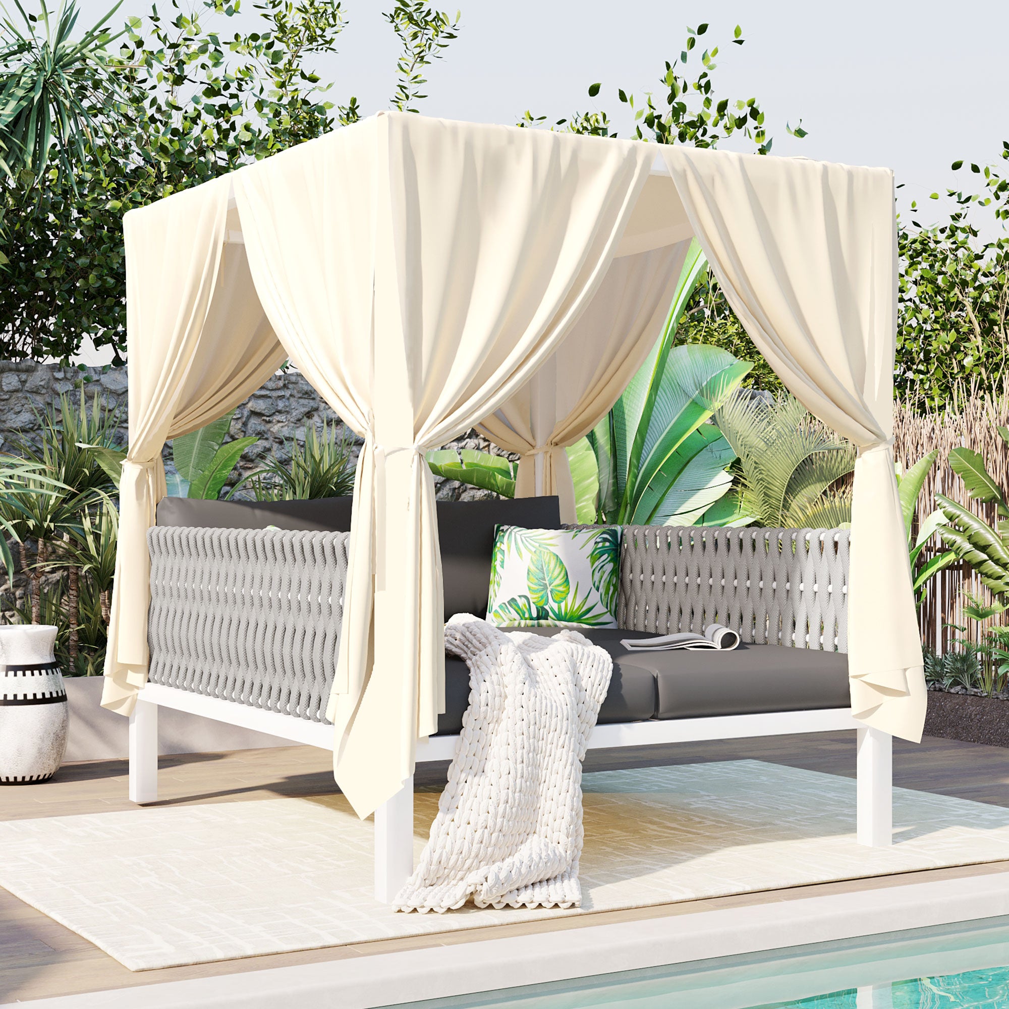 White Metal Woven Rope Outdoor Day Bed with Gray Cushions and Beige Canopy for Shade BOUSPS36-GR