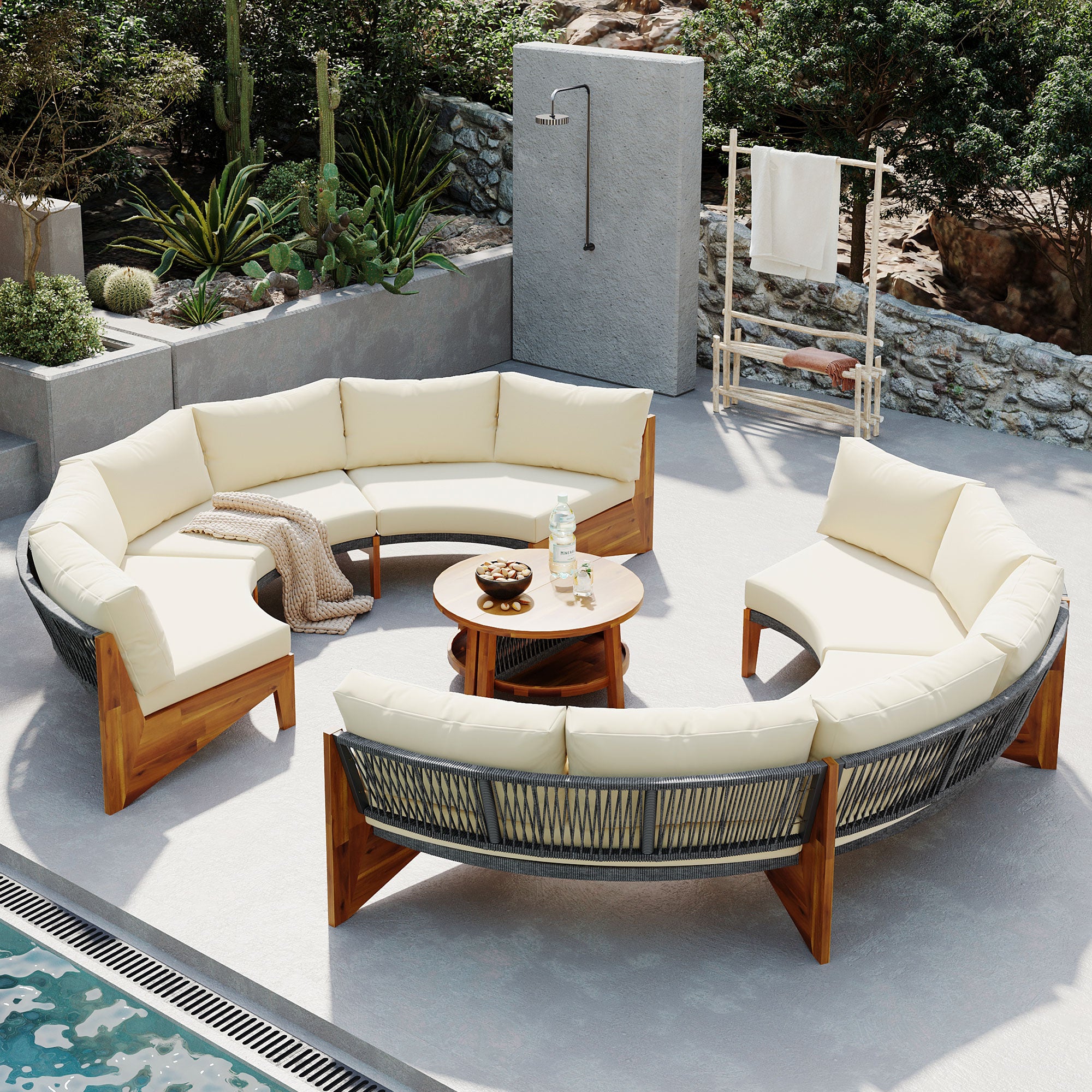 4-Piece Wood Half Moon Outdoor Sectional Set with Gray Cushions and Coffee Table  BOUSPS38-BEG
