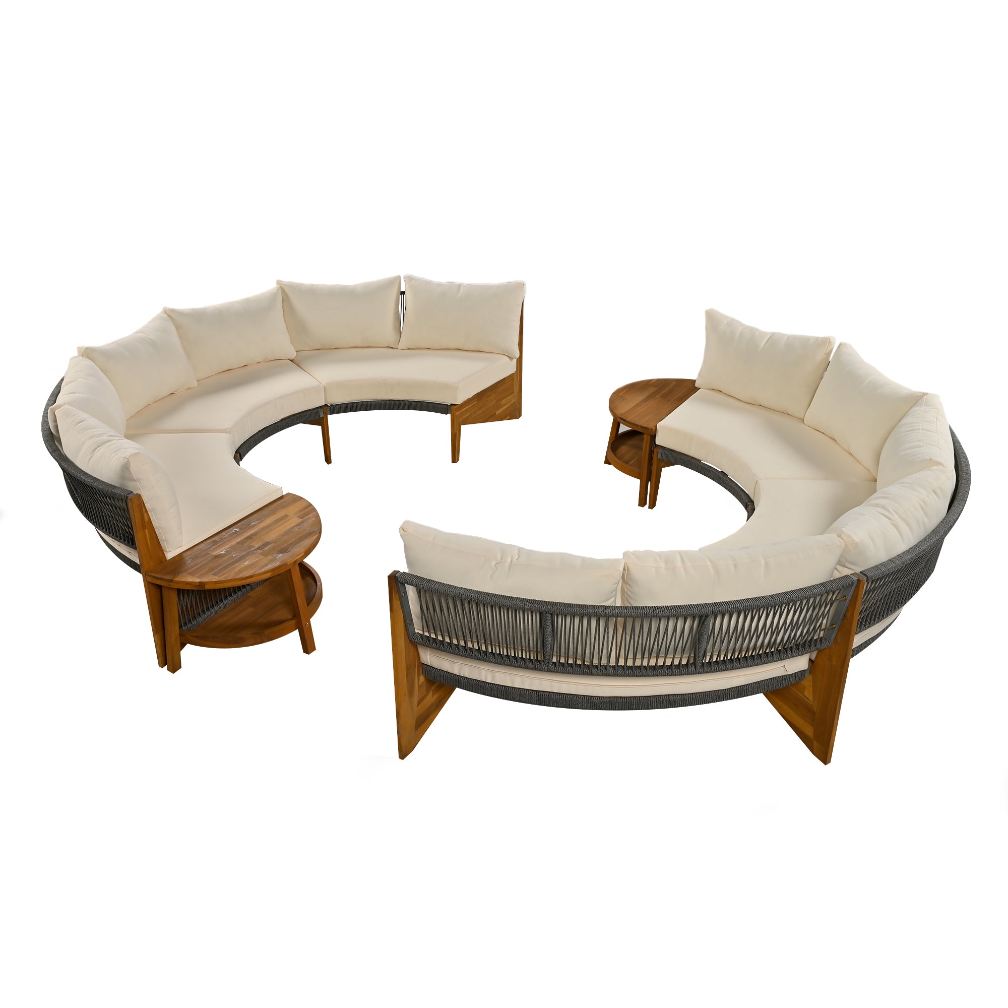 4-Piece Wood Half Moon Outdoor Sectional Set with Gray Cushions and Coffee Table  BOUSPS38-BEG