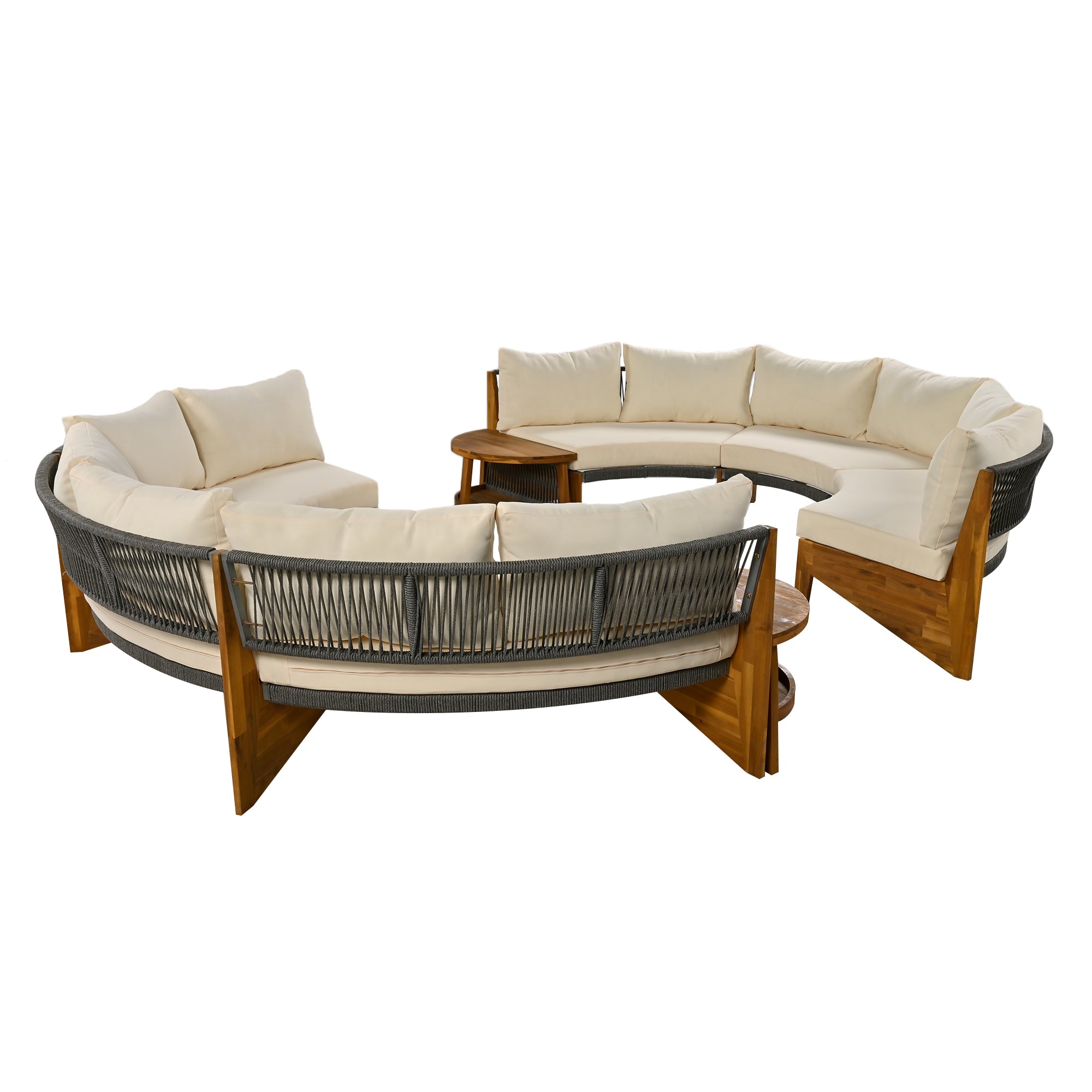 4-Piece Wood Half Moon Outdoor Sectional Set with Gray Cushions and Coffee Table  BOUSPS38-BEG