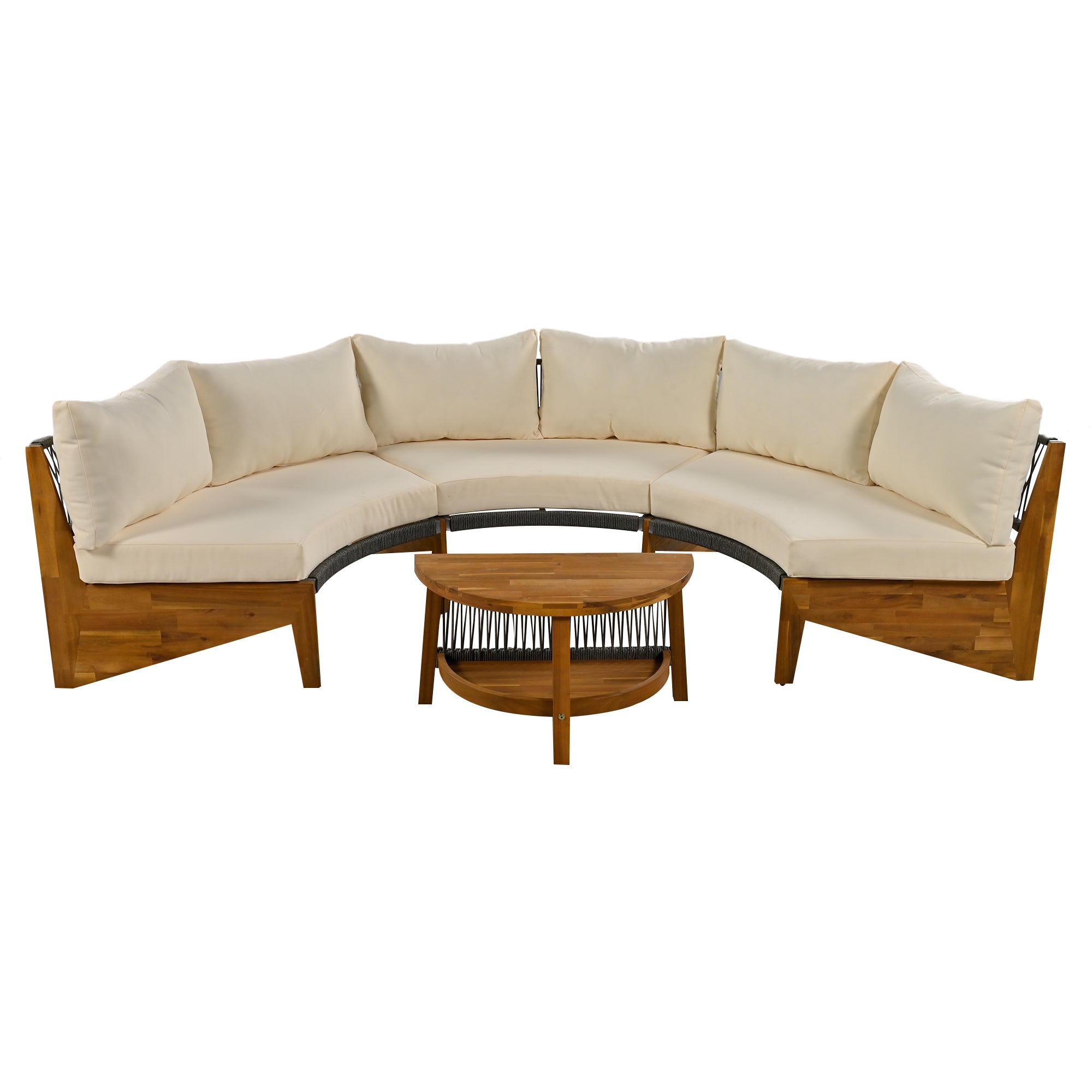 4-Piece Wood Half Moon Outdoor Sectional Set with Gray Cushions and Coffee Table  BOUSPS38-BEG