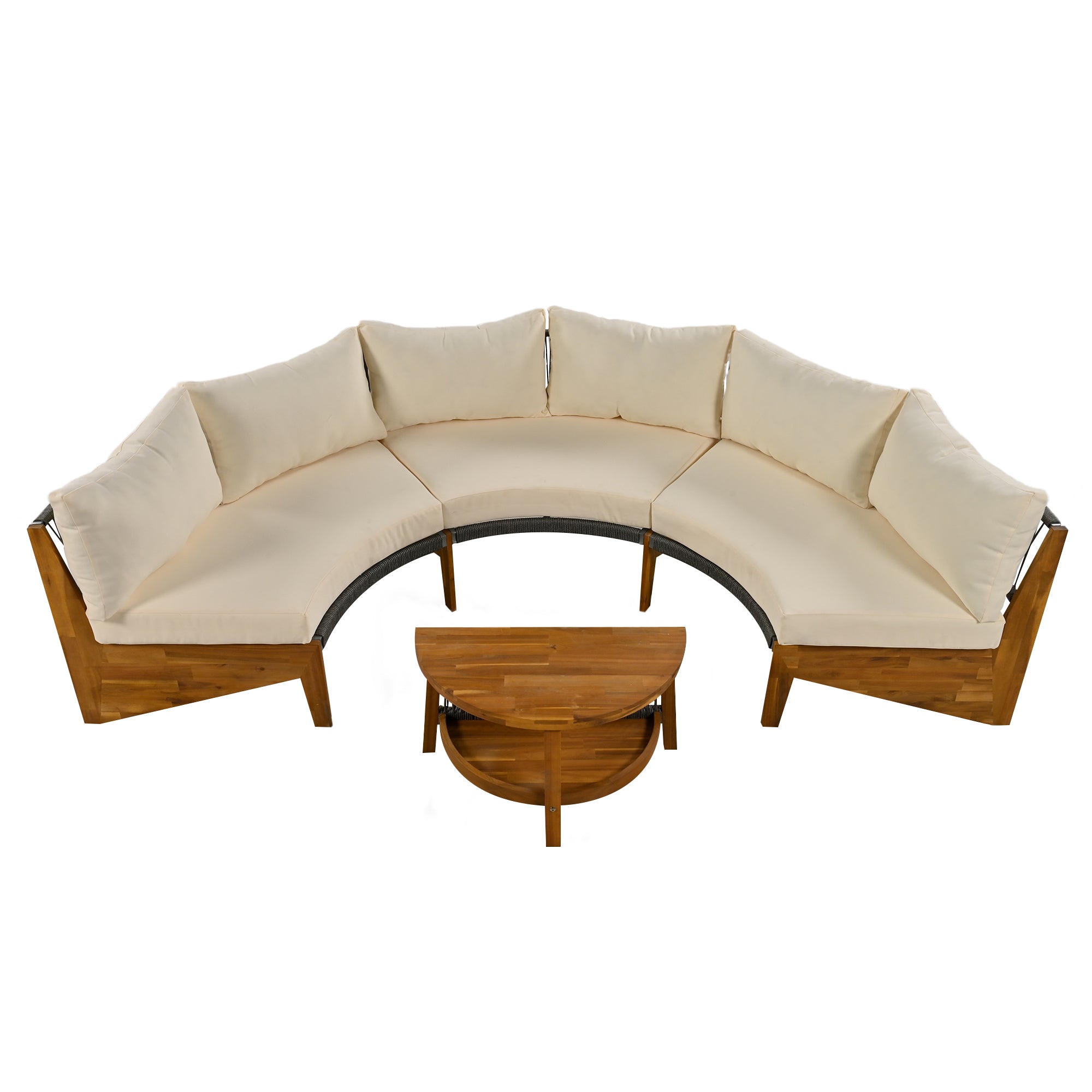 4-Piece Wood Half Moon Outdoor Sectional Set with Gray Cushions and Coffee Table  BOUSPS38-BEG