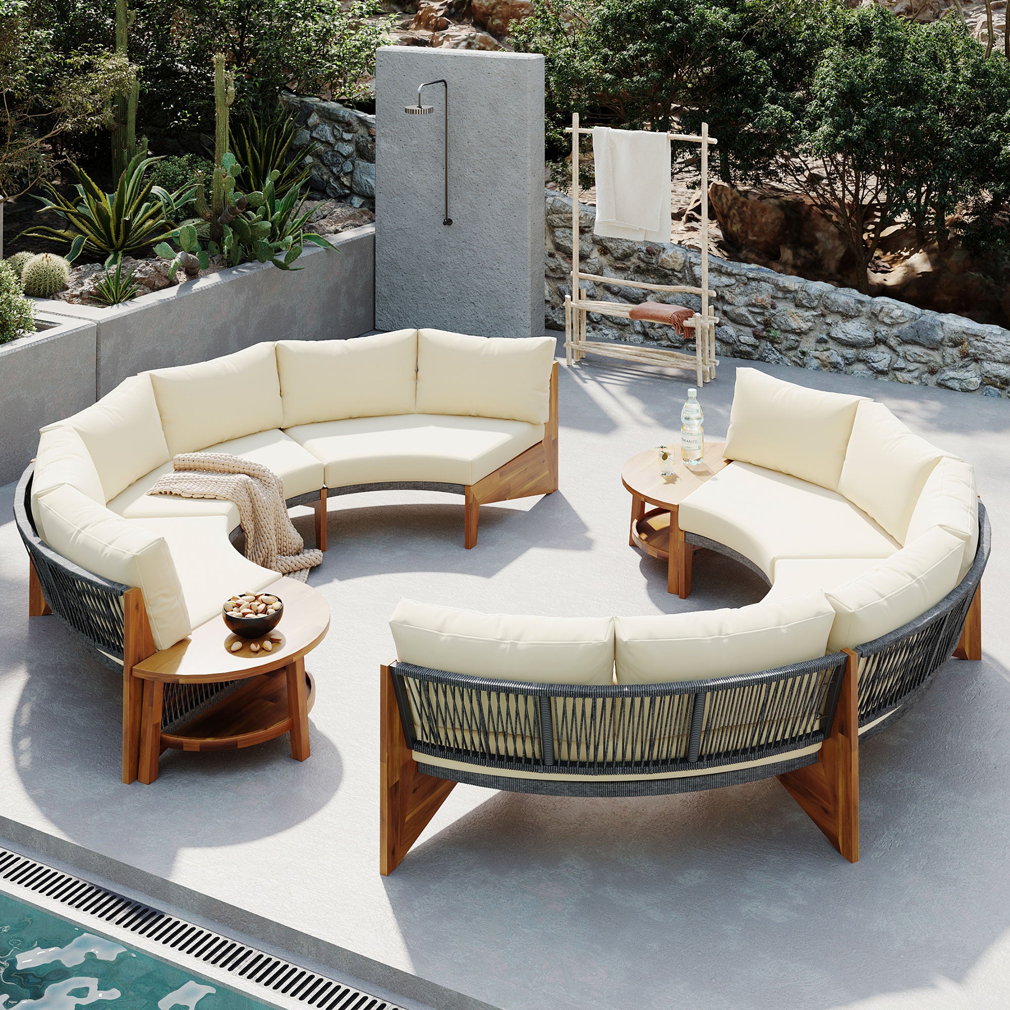 4-Piece Wood Half Moon Outdoor Sectional Set with Gray Cushions and Coffee Table  BOUSPS38-BEG