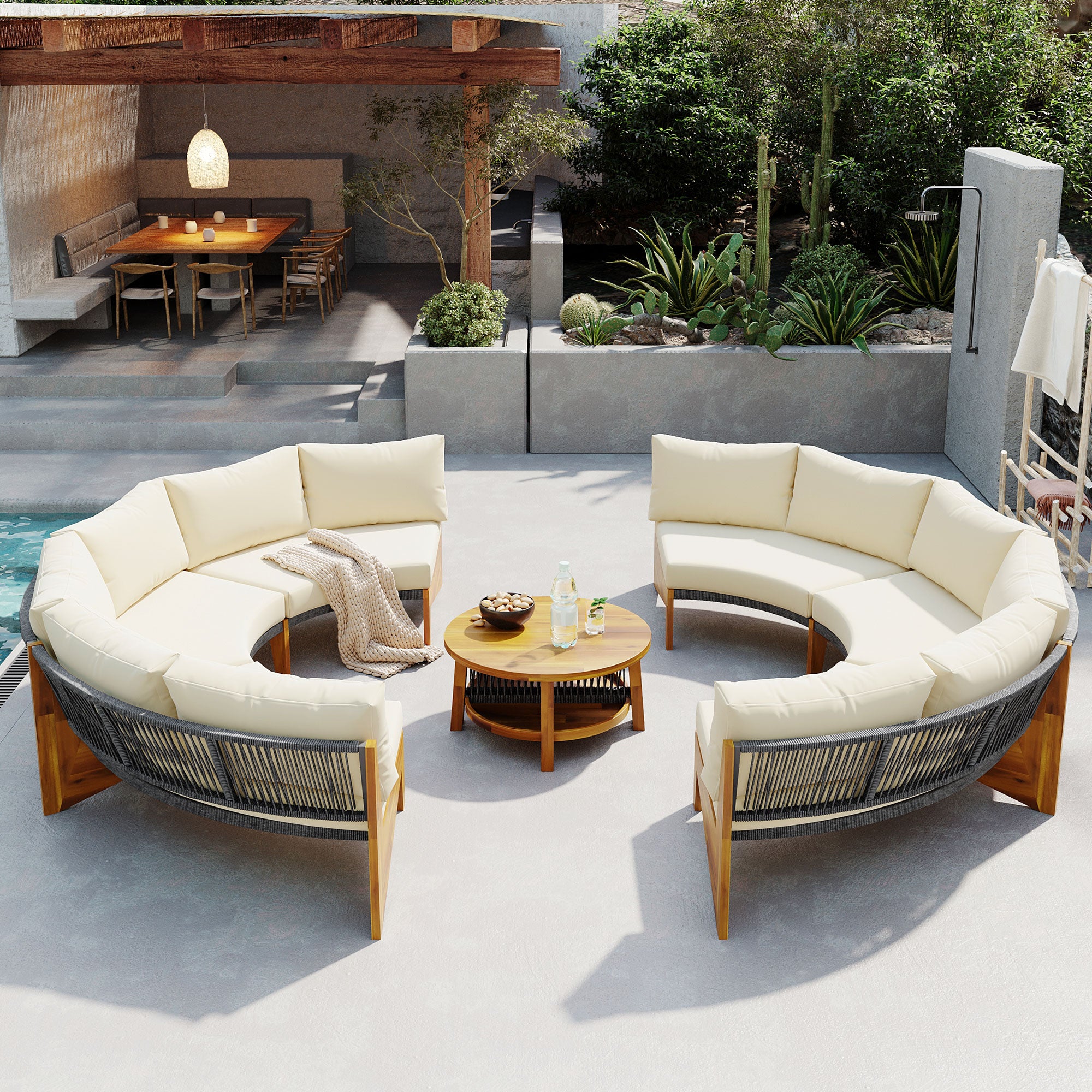4-Piece Wood Half Moon Outdoor Sectional Set with Gray Cushions and Coffee Table  BOUSPS38-BEG