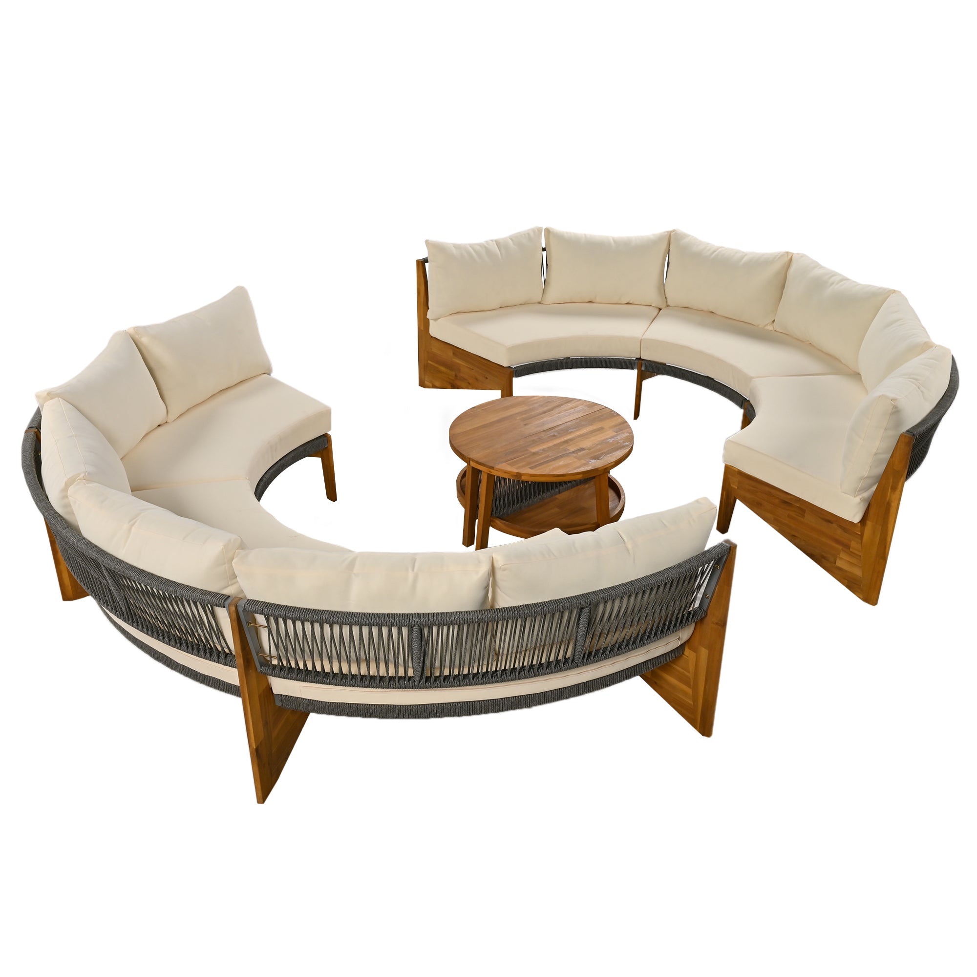 4-Piece Wood Half Moon Outdoor Sectional Set with Gray Cushions and Coffee Table  BOUSPS38-BEG