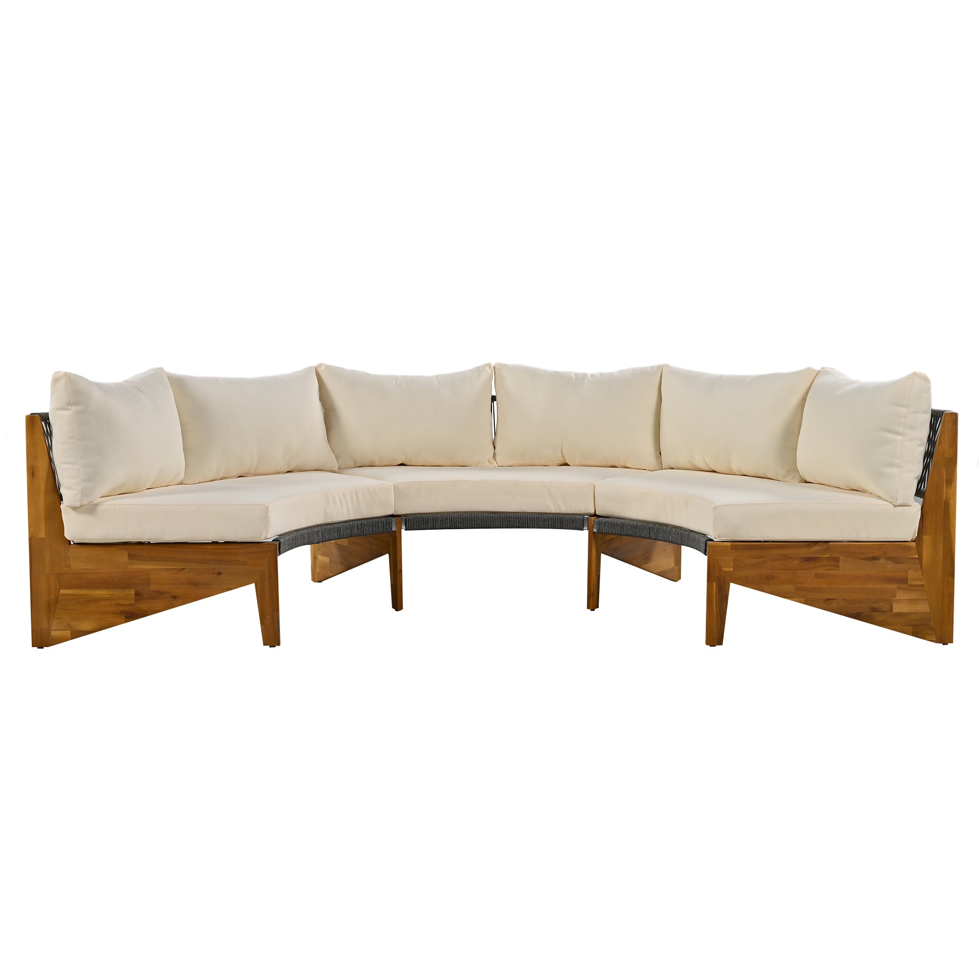 4-Piece Wood Half Moon Outdoor Sectional Set with Gray Cushions and Coffee Table  BOUSPS38-BEG