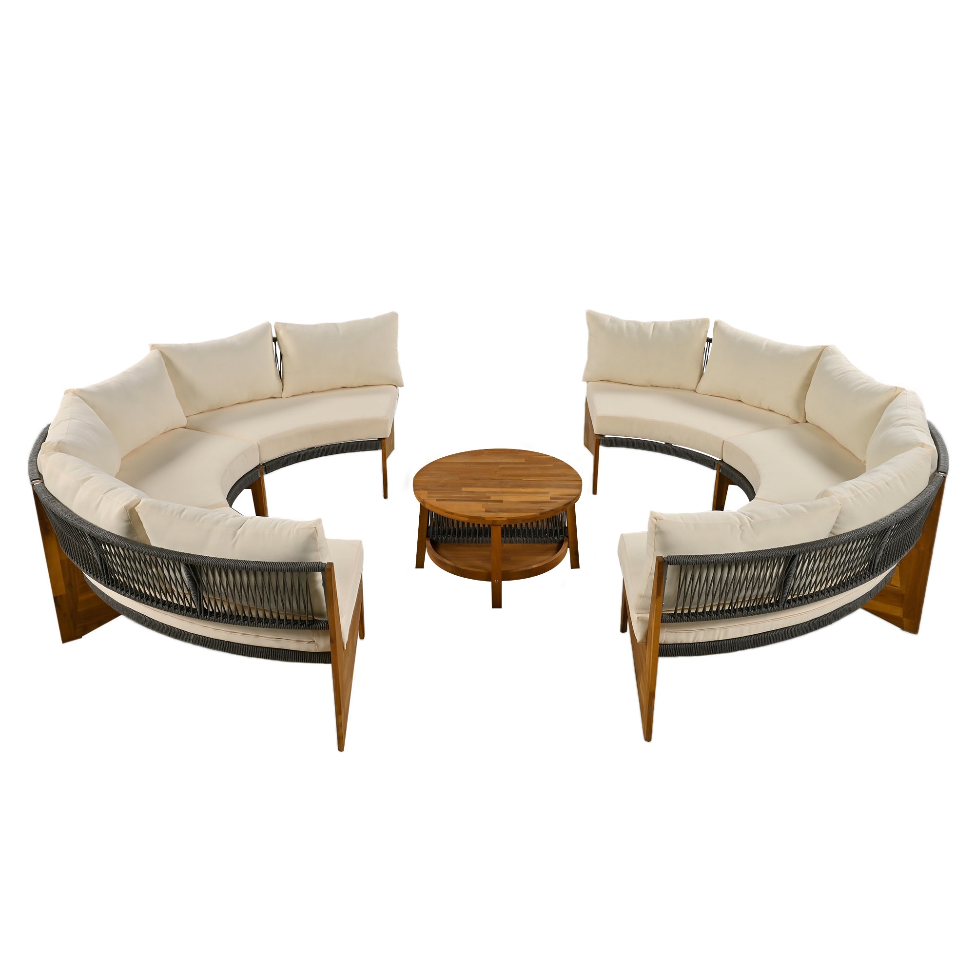 4-Piece Wood Half Moon Outdoor Sectional Set with Gray Cushions and Coffee Table  BOUSPS38-BEG