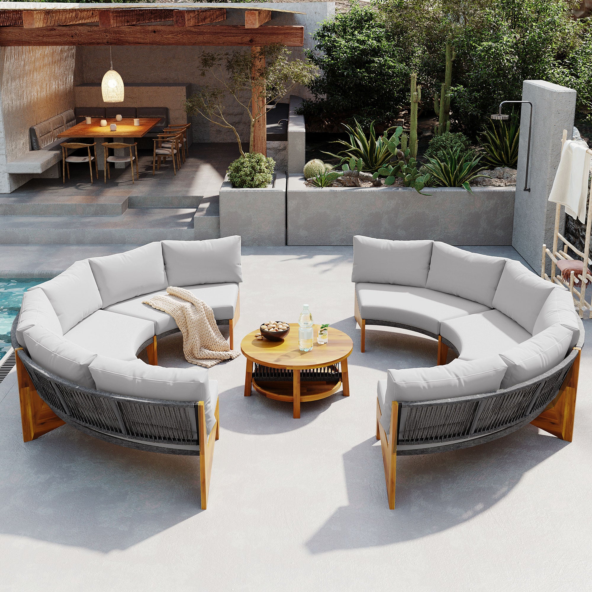 4-Piece Wood Half Moon Outdoor Sectional Set with Gray Cushions and Coffee Table