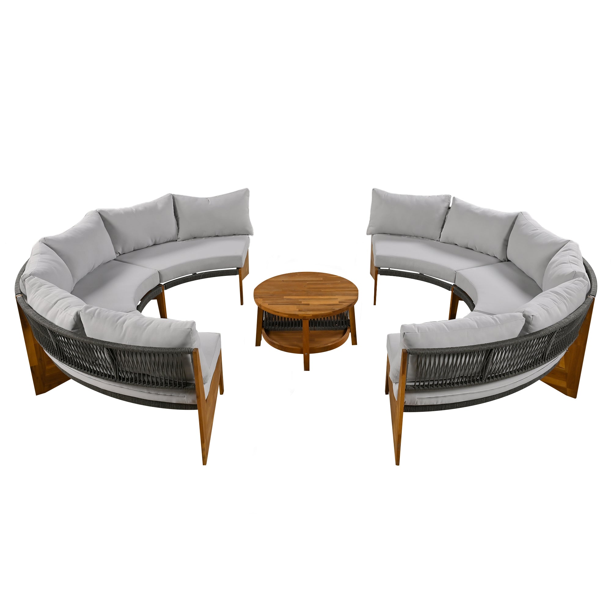4-Piece Wood Half Moon Outdoor Sectional Set with Gray Cushions and Coffee Table
