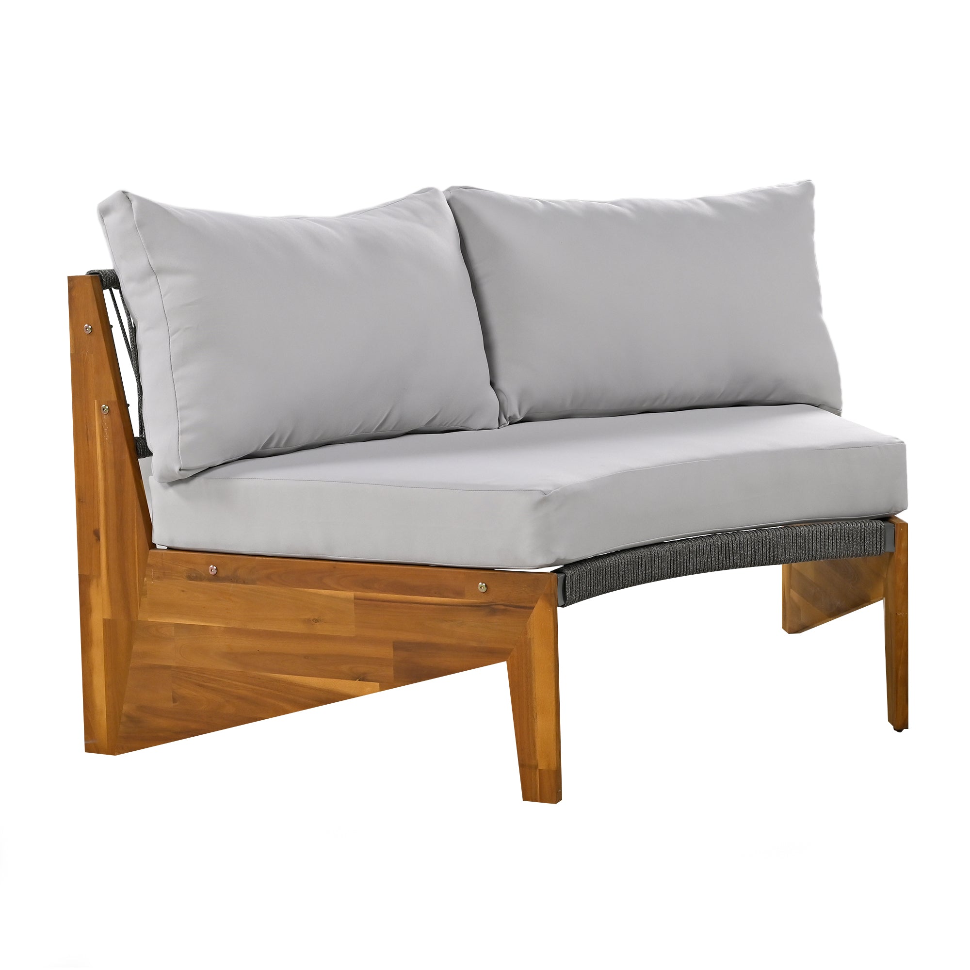 4-Piece Wood Half Moon Outdoor Sectional Set with Gray Cushions and Coffee Table