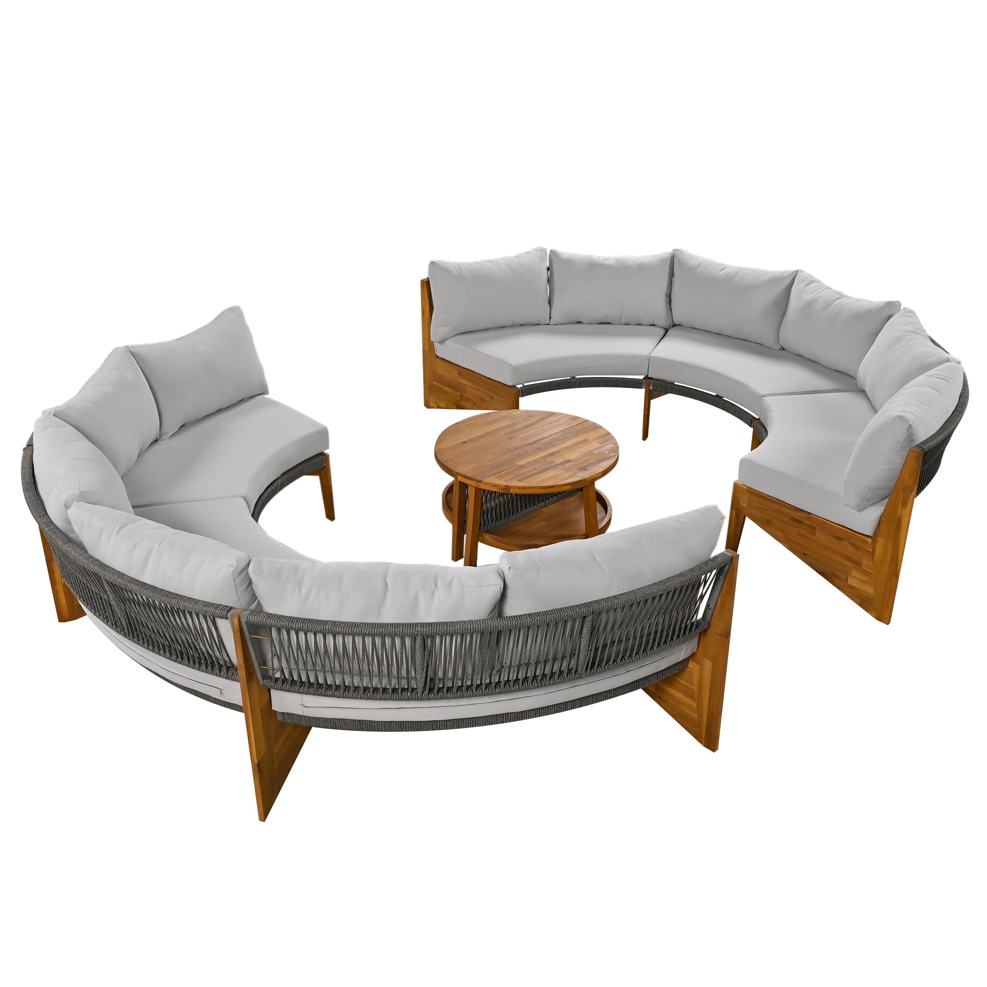 4-Piece Wood Half Moon Outdoor Sectional Set with Gray Cushions and Coffee Table