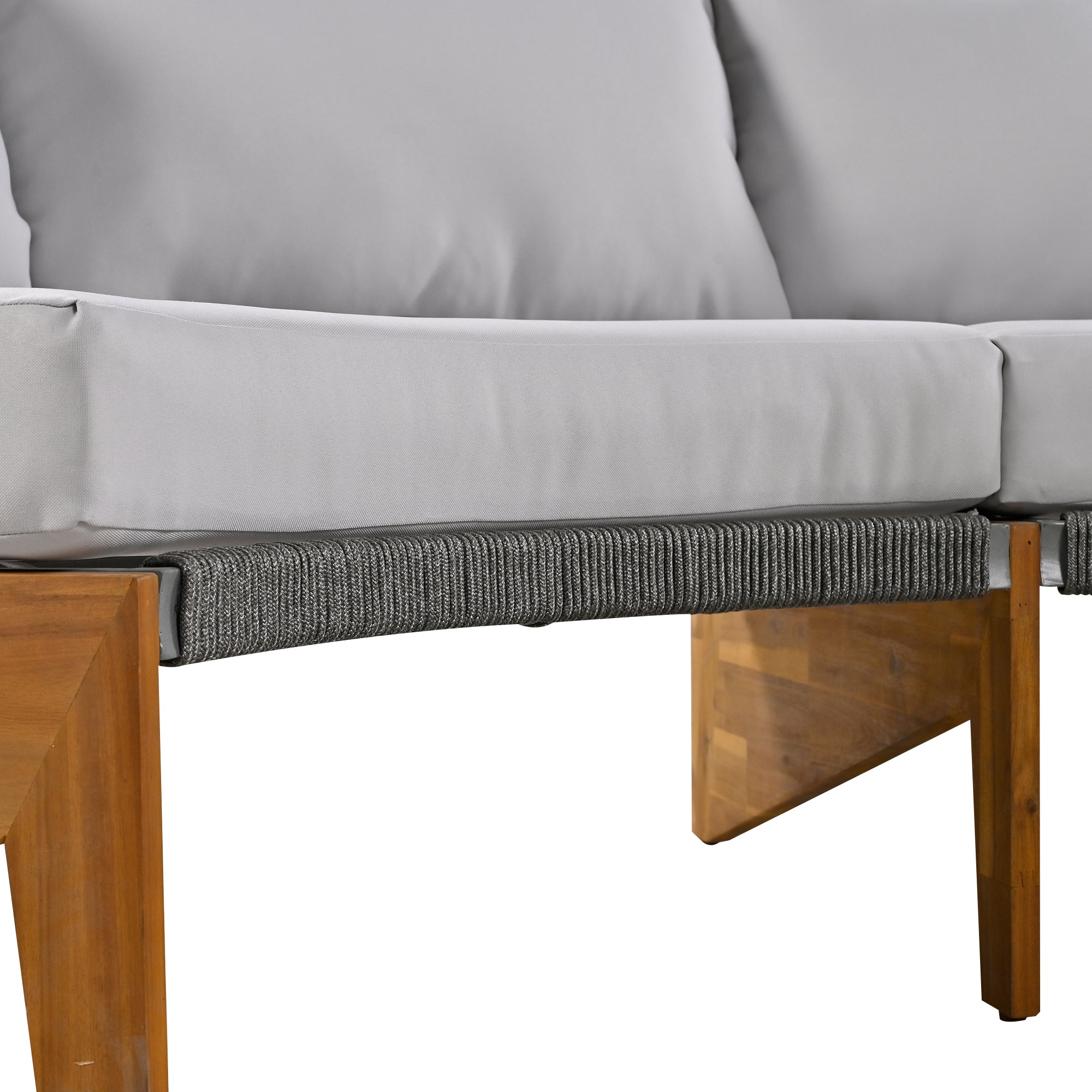 4-Piece Wood Half Moon Outdoor Sectional Set with Gray Cushions and Coffee Table