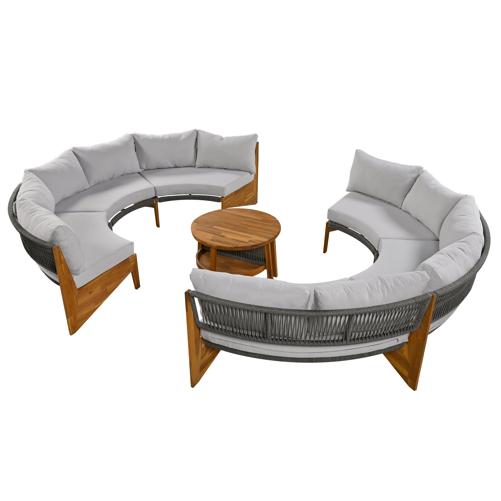 4-Piece Wood Half Moon Outdoor Sectional Set with Gray Cushions and Coffee Table