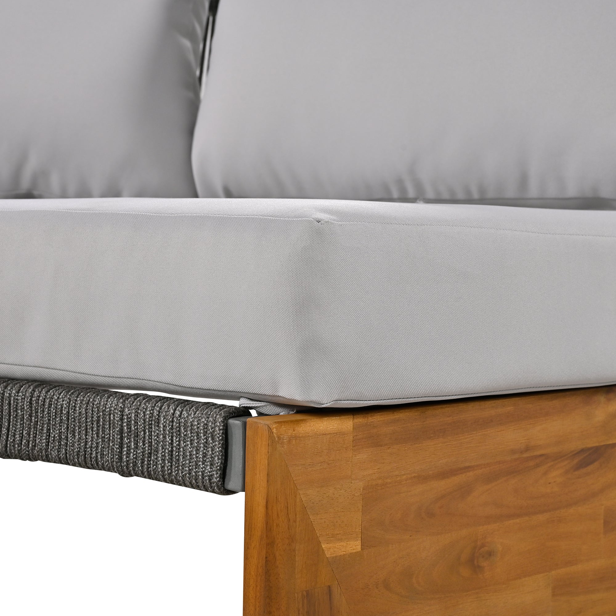 4-Piece Wood Half Moon Outdoor Sectional Set with Gray Cushions and Coffee Table
