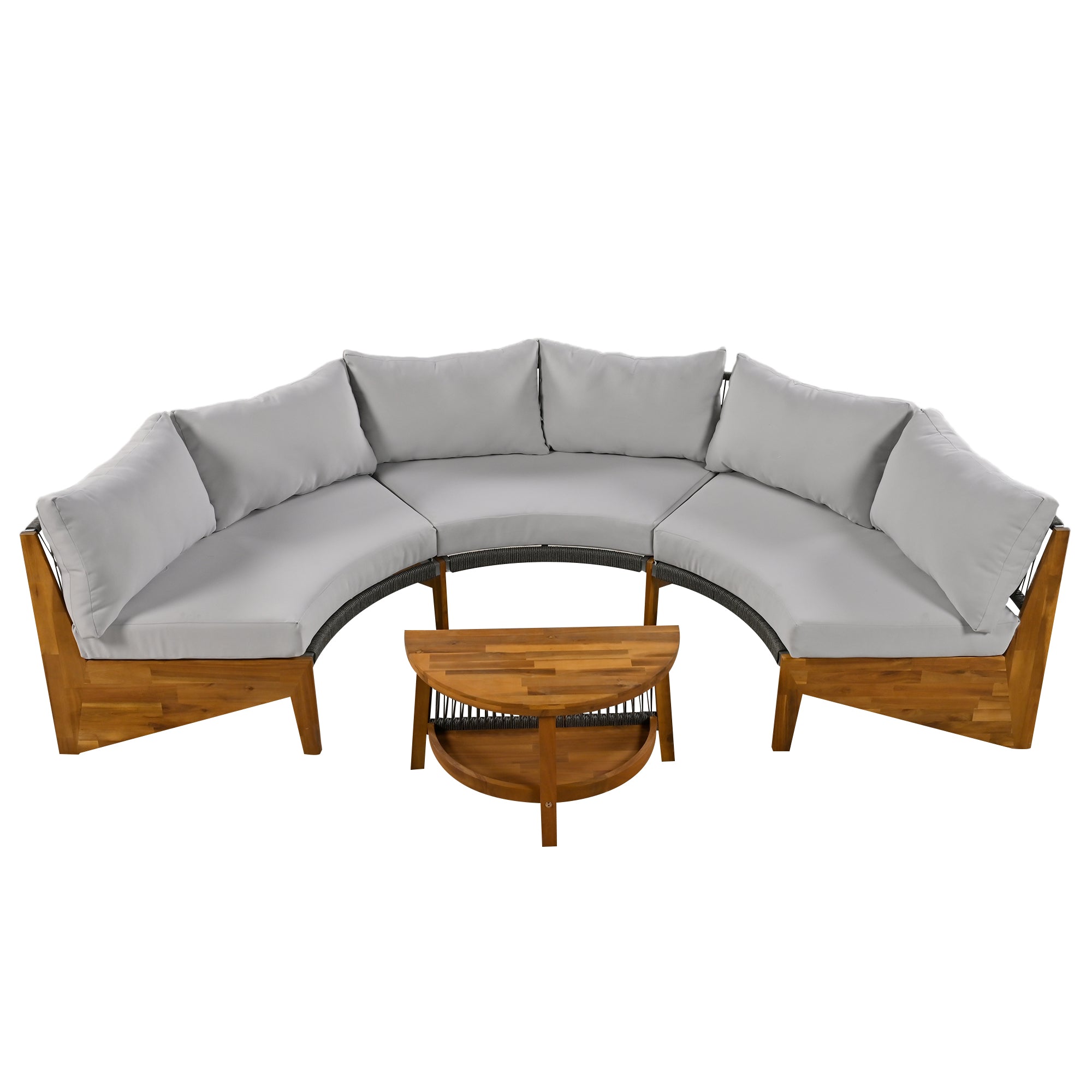 4-Piece Wood Half Moon Outdoor Sectional Set with Gray Cushions and Coffee Table