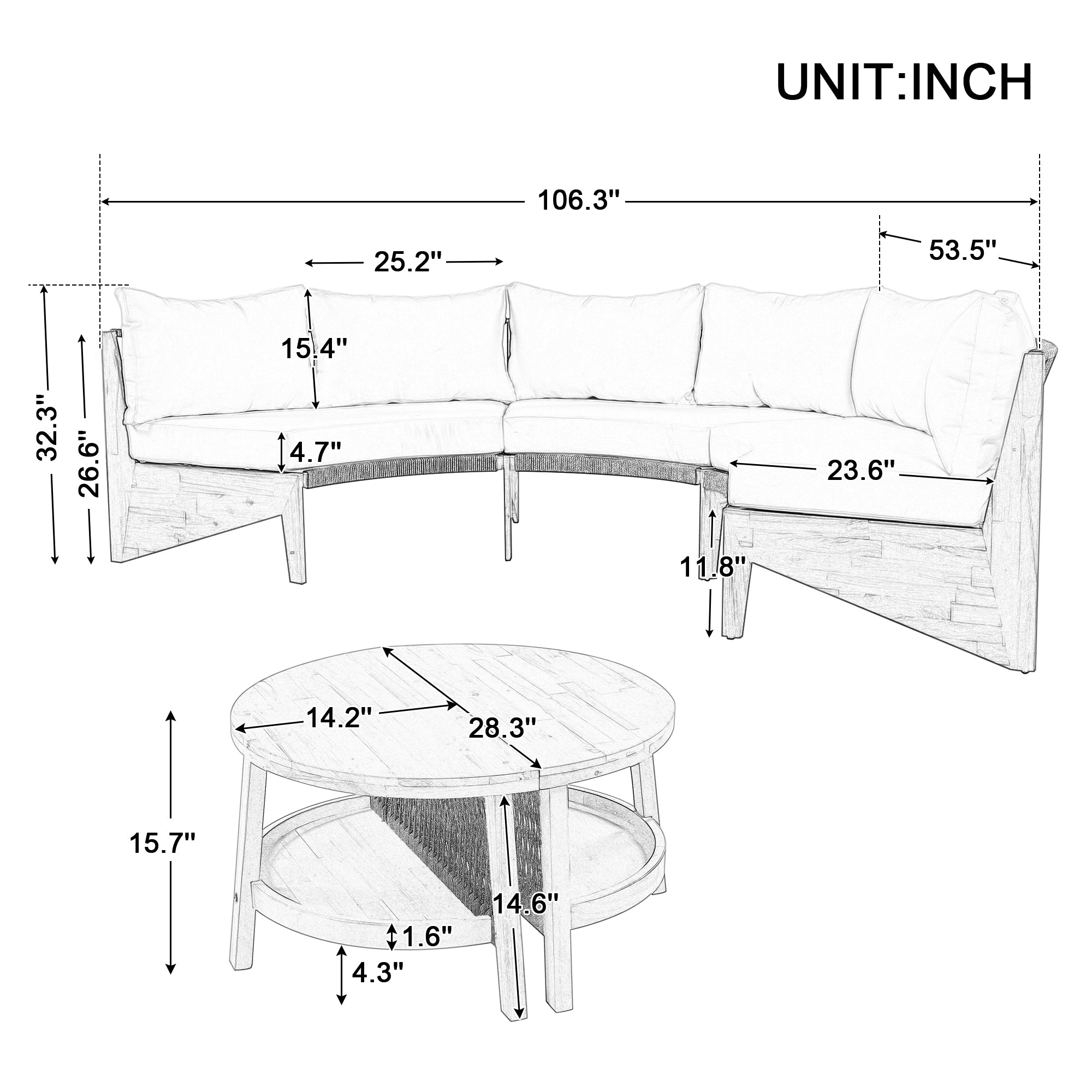 4-Piece Wood Half Moon Outdoor Sectional Set with Gray Cushions and Coffee Table