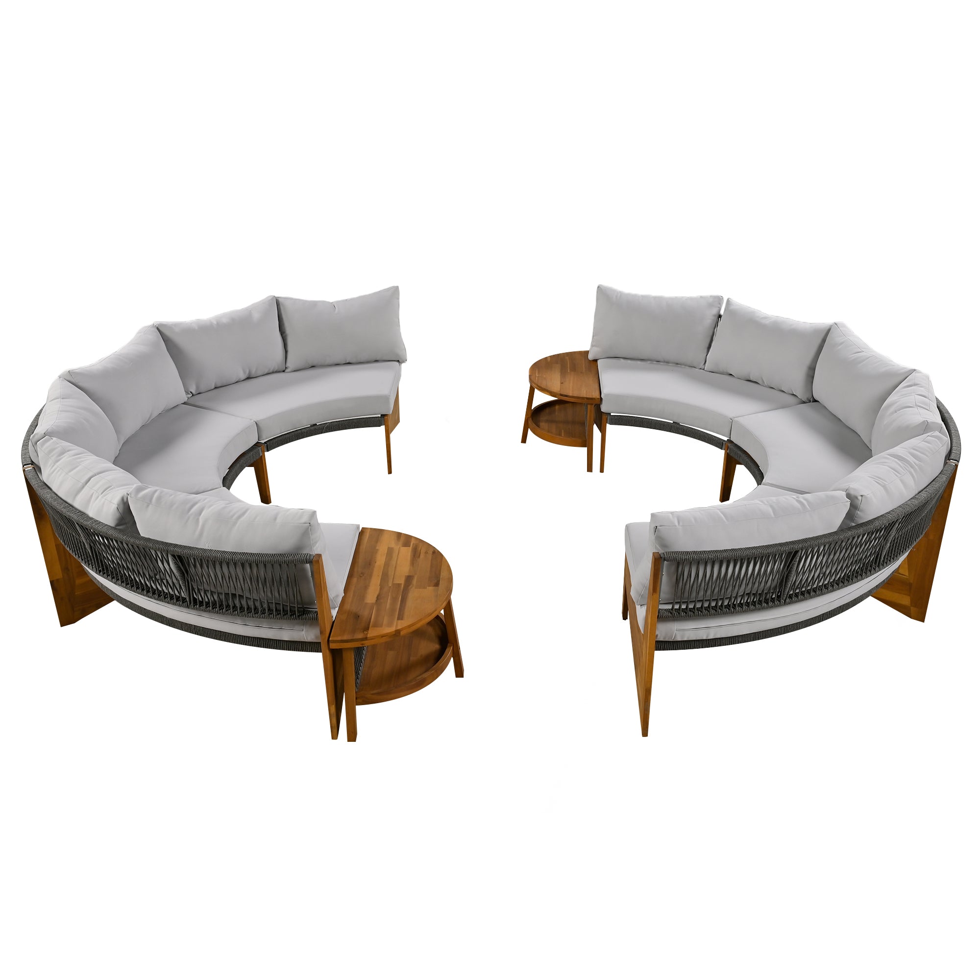 4-Piece Wood Half Moon Outdoor Sectional Set with Gray Cushions and Coffee Table
