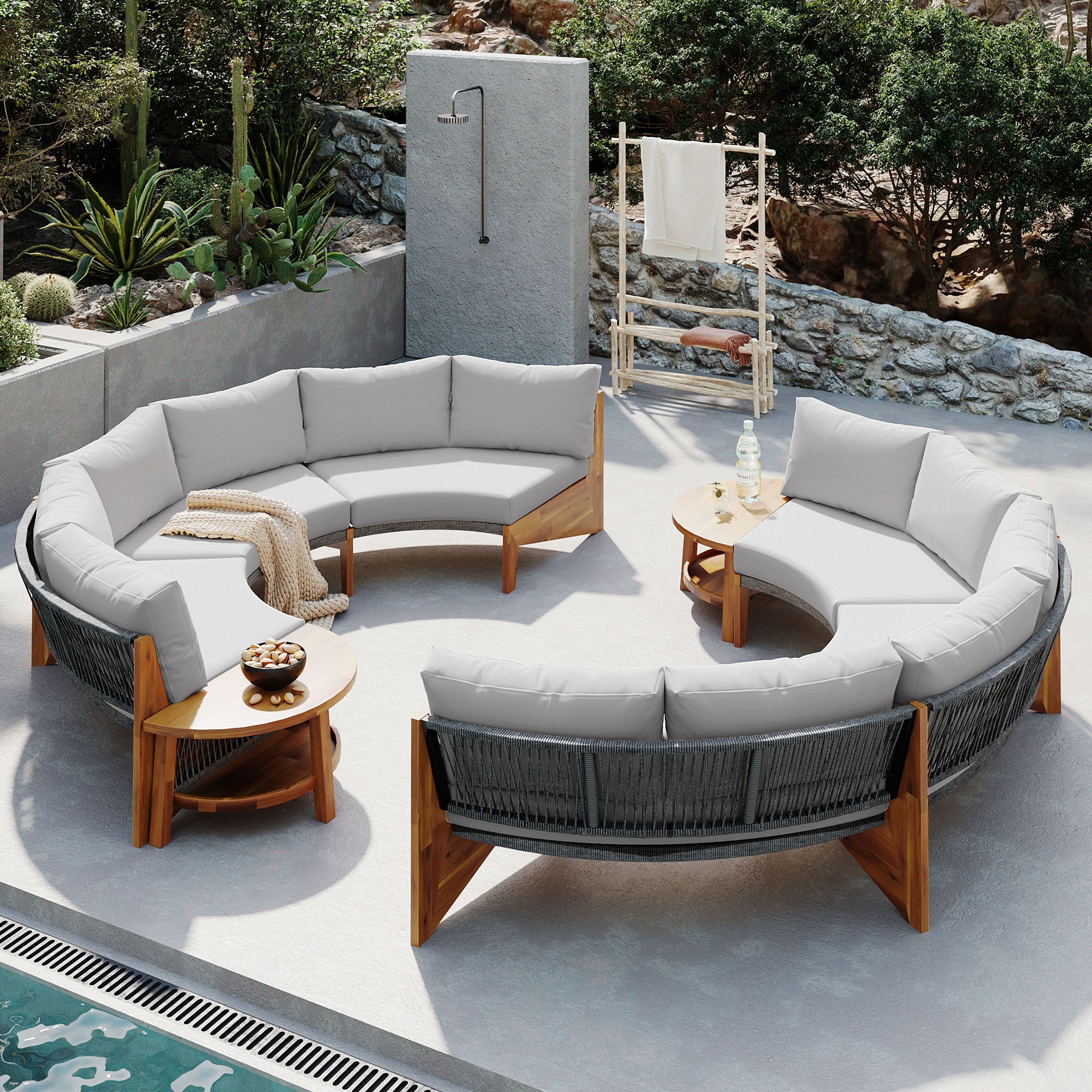 4-Piece Wood Half Moon Outdoor Sectional Set with Gray Cushions and Coffee Table