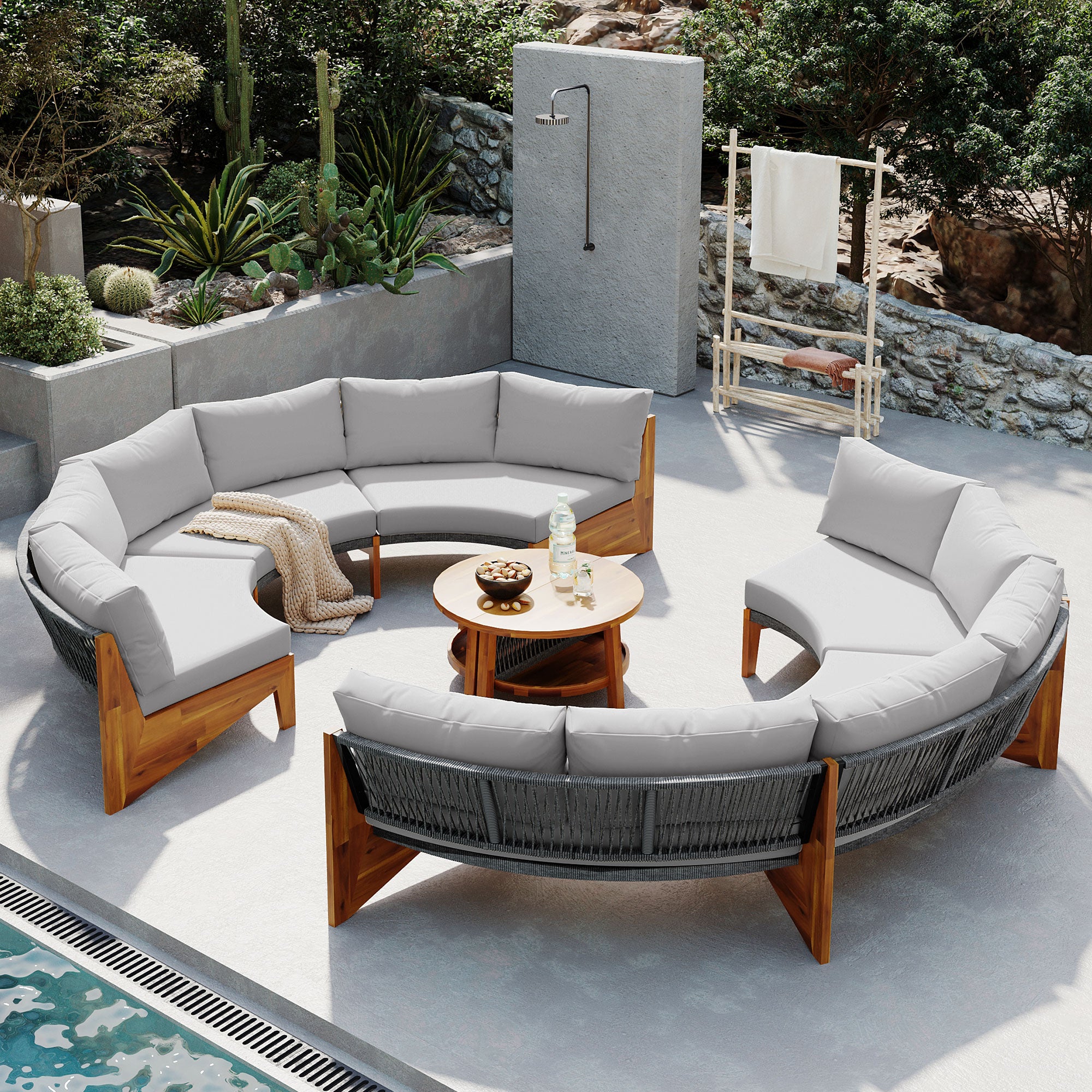 4-Piece Wood Half Moon Outdoor Sectional Set with Gray Cushions and Coffee Table