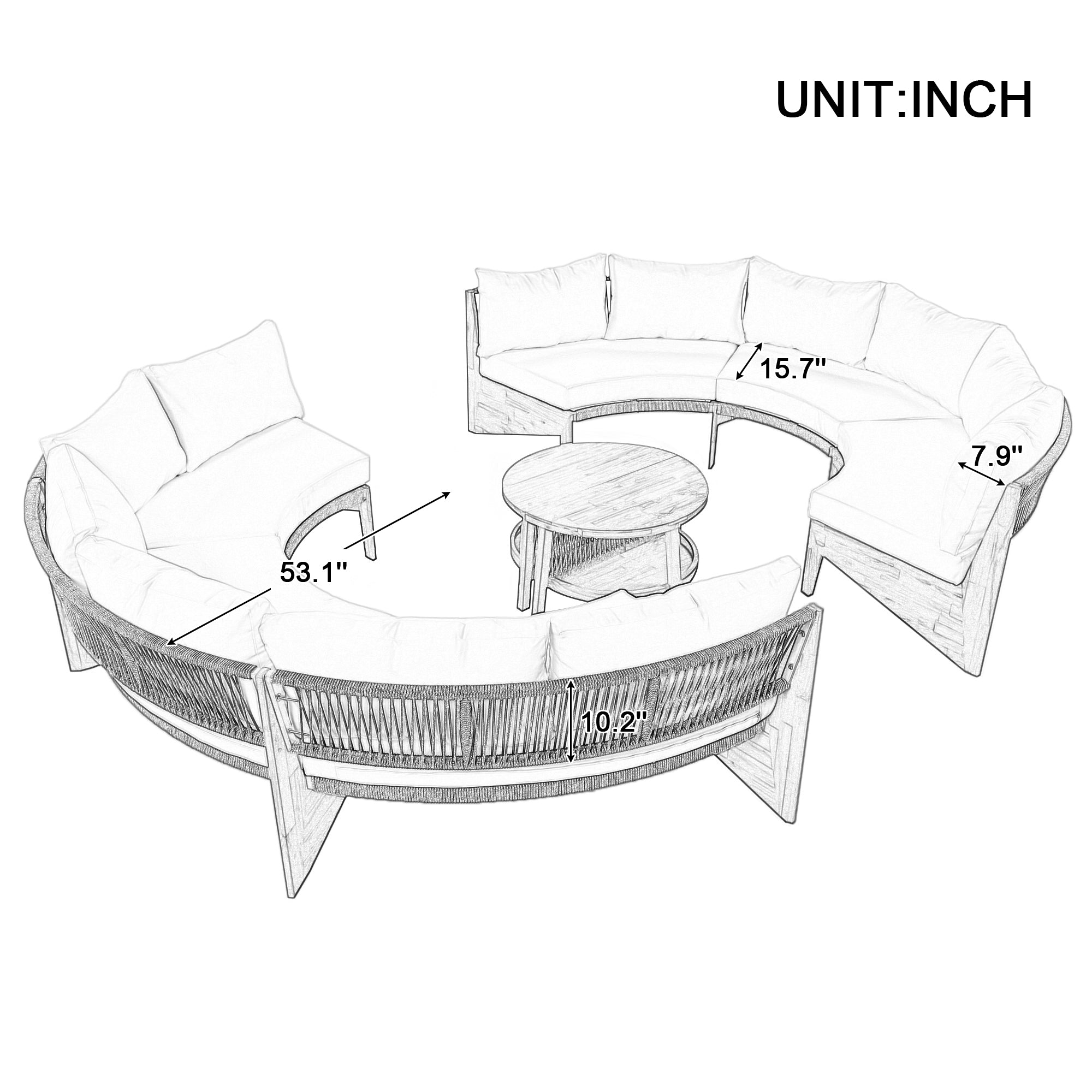 4-Piece Wood Half Moon Outdoor Sectional Set with Gray Cushions and Coffee Table