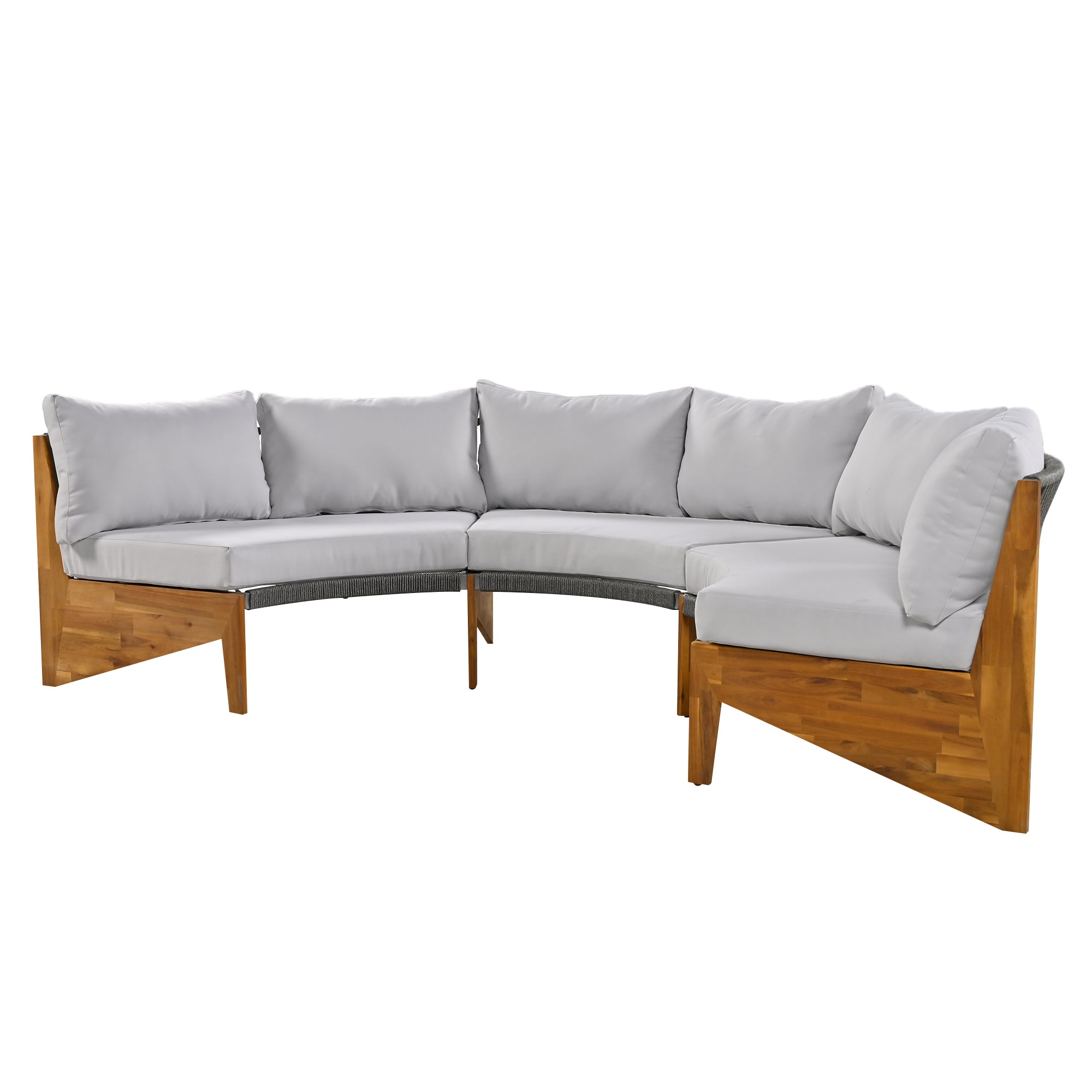 4-Piece Wood Half Moon Outdoor Sectional Set with Gray Cushions and Coffee Table