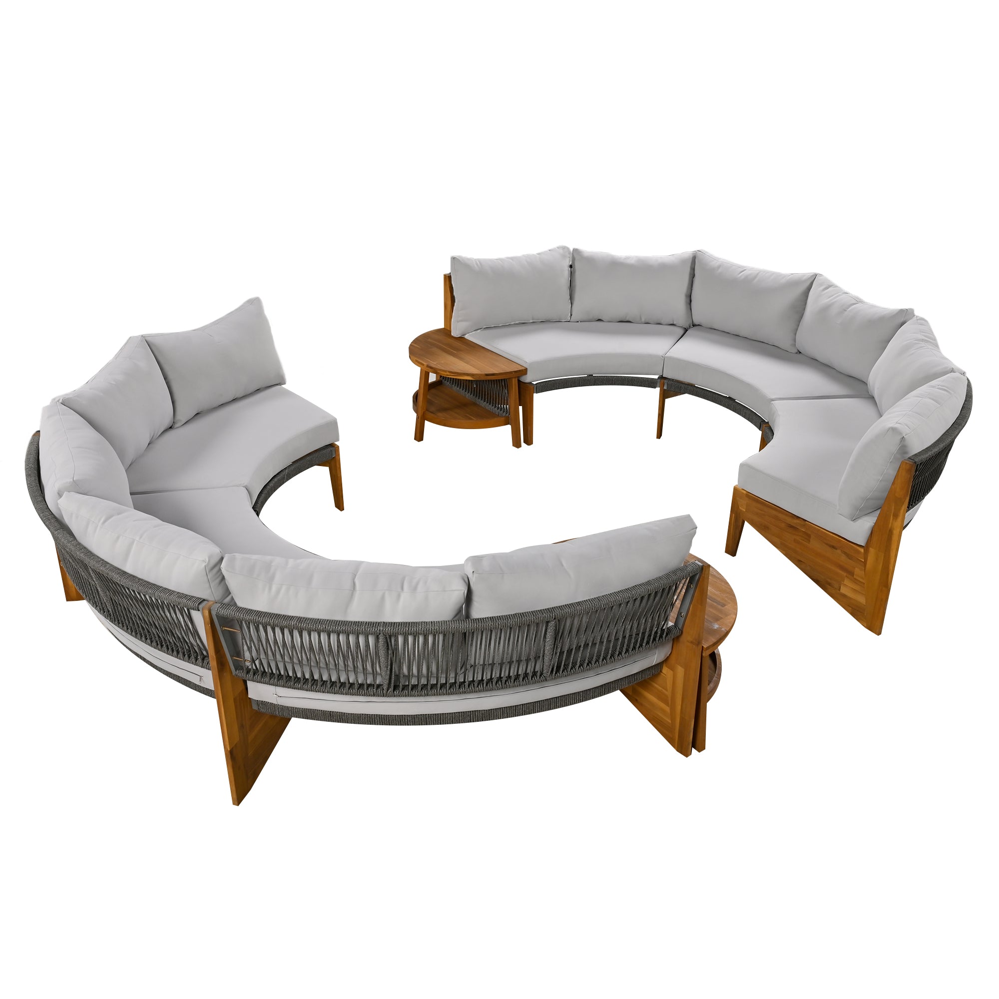 4-Piece Wood Half Moon Outdoor Sectional Set with Gray Cushions and Coffee Table