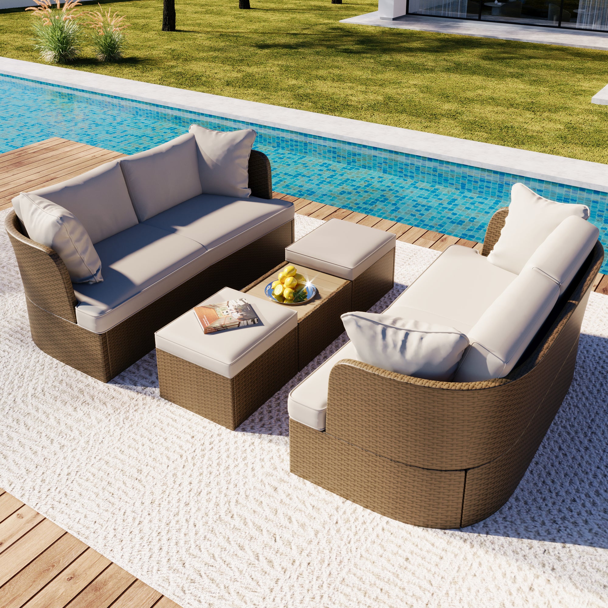 5-Piece Brown Wicker Outdoor Curved Day Bed with Beige Thick Cushions BOUSPS39-BEG