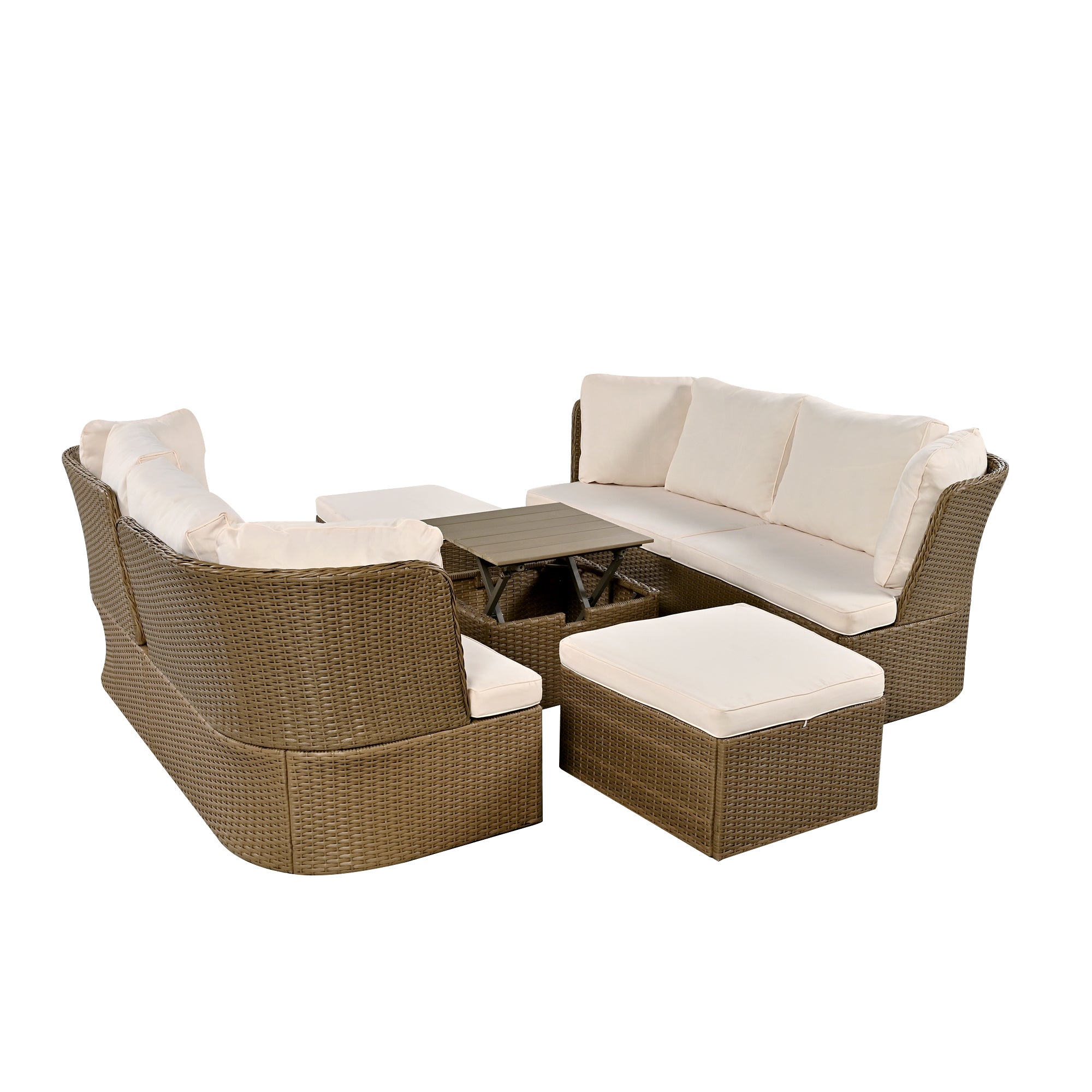 5-Piece Brown Wicker Outdoor Curved Day Bed with Beige Thick Cushions BOUSPS39-BEG