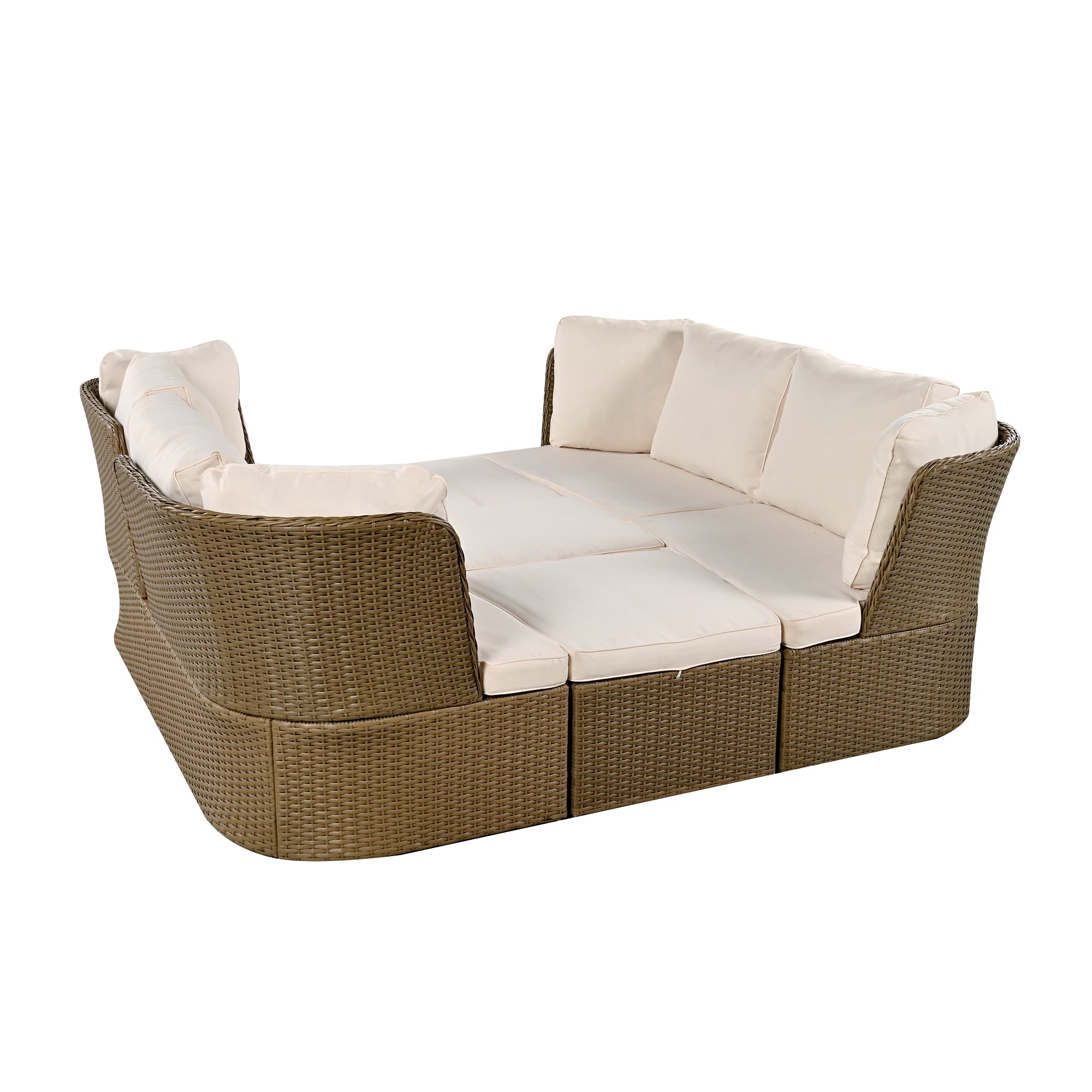 5-Piece Brown Wicker Outdoor Curved Day Bed with Beige Thick Cushions BOUSPS39-BEG
