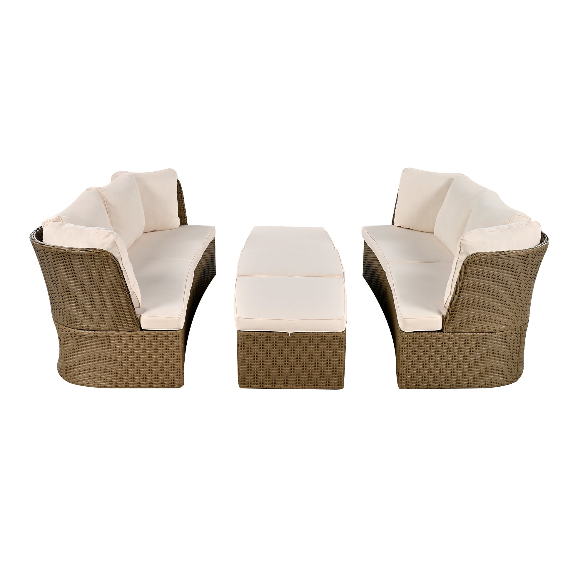 5-Piece Brown Wicker Outdoor Curved Day Bed with Beige Thick Cushions BOUSPS39-BEG