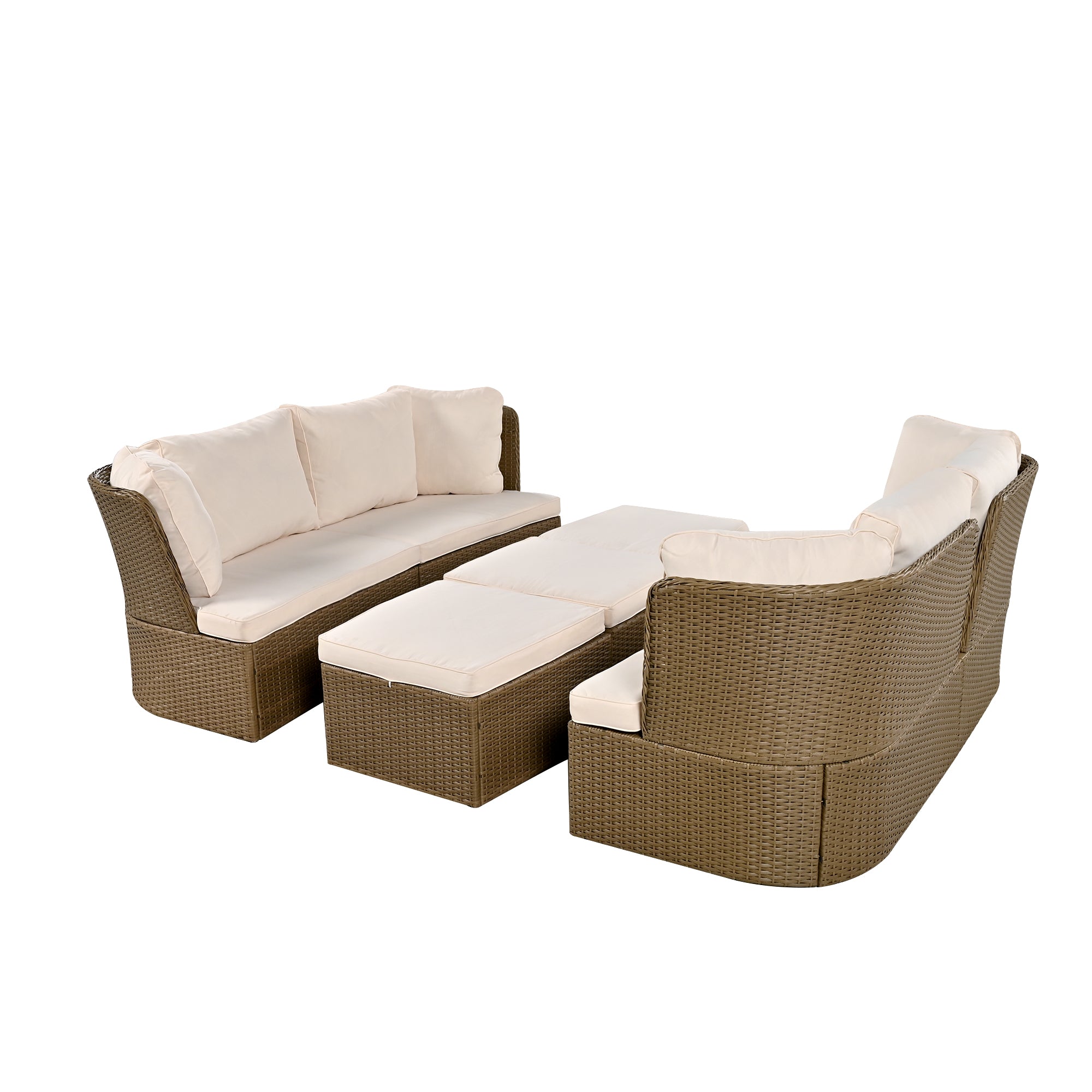 5-Piece Brown Wicker Outdoor Curved Day Bed with Beige Thick Cushions BOUSPS39-BEG