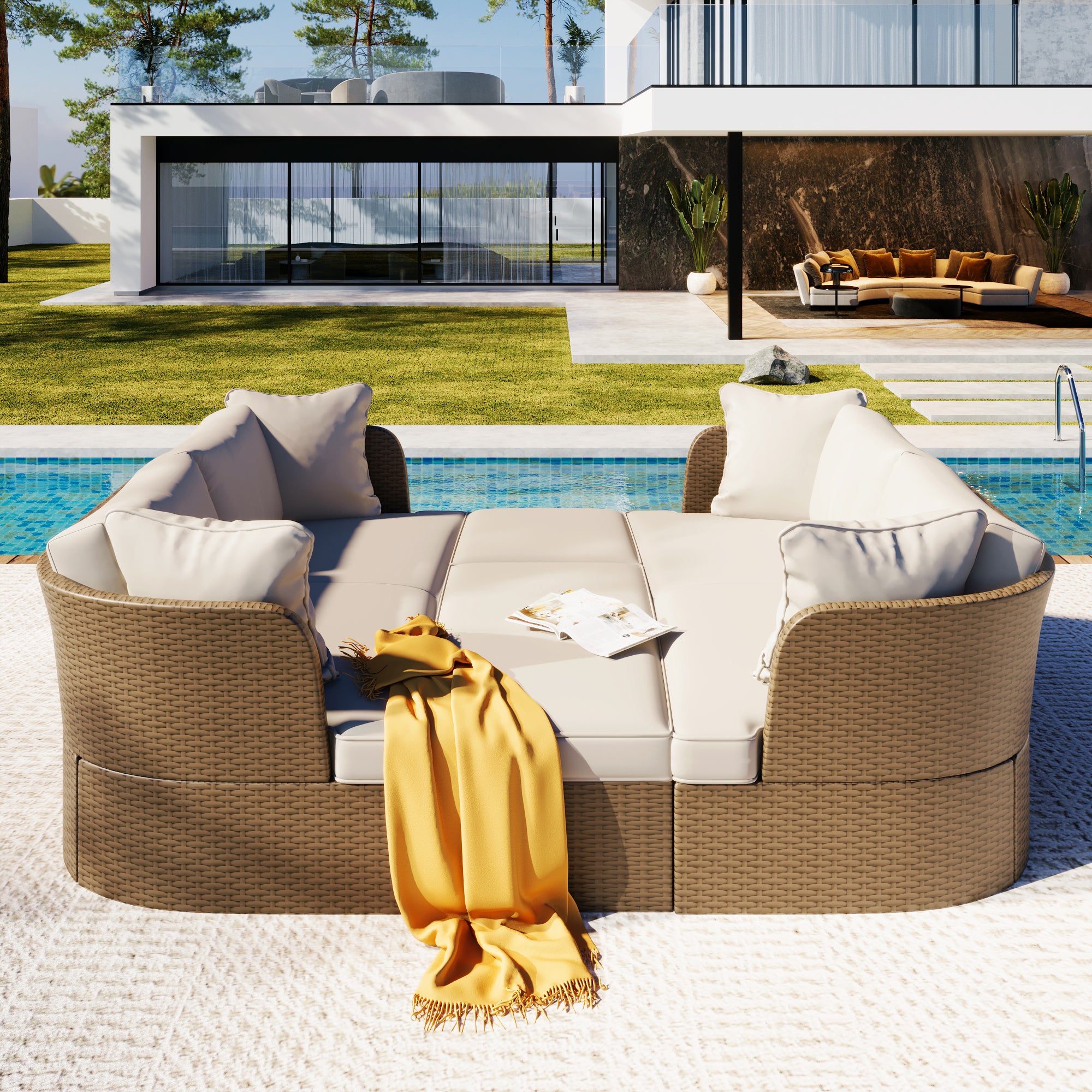 5-Piece Brown Wicker Outdoor Curved Day Bed with Beige Thick Cushions BOUSPS39-BEG