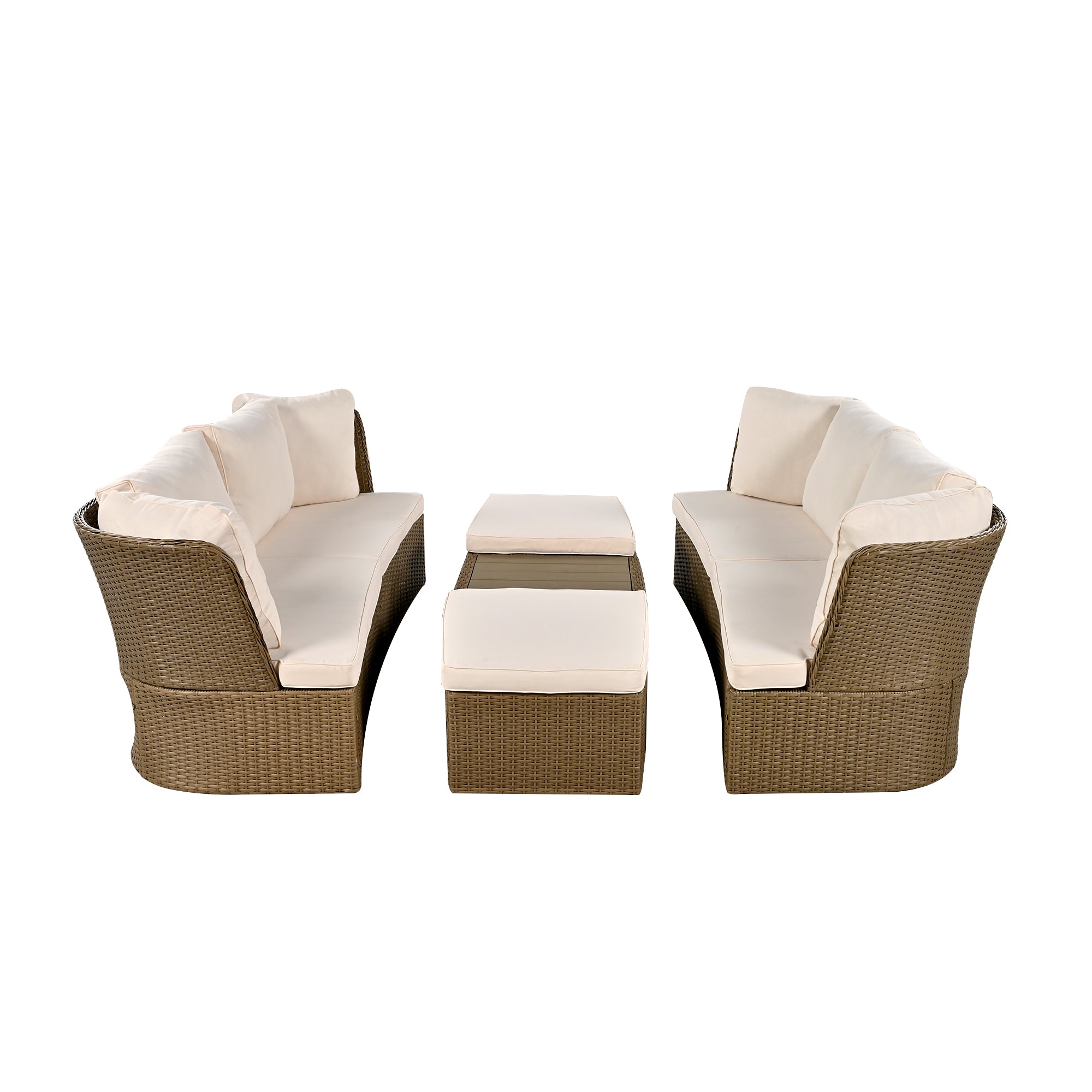 5-Piece Brown Wicker Outdoor Curved Day Bed with Beige Thick Cushions BOUSPS39-BEG