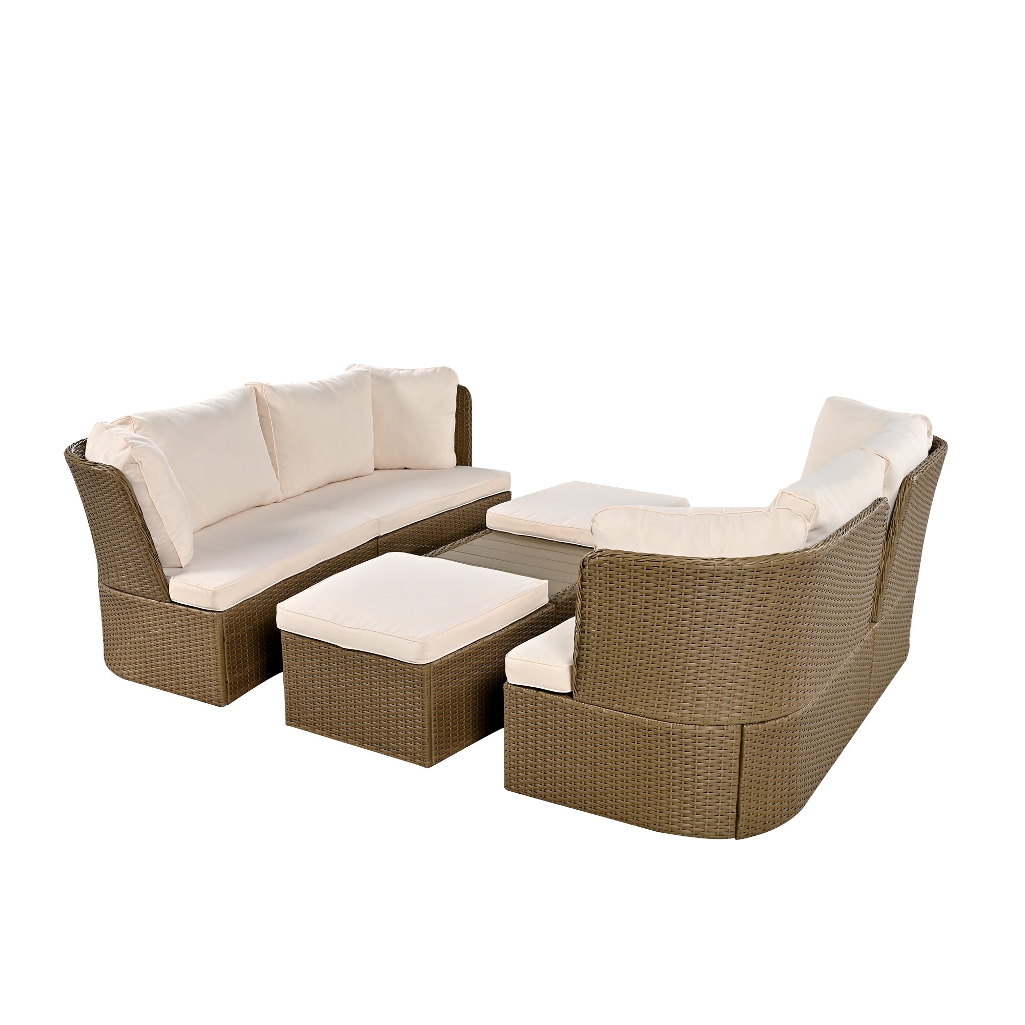 5-Piece Brown Wicker Outdoor Curved Day Bed with Beige Thick Cushions BOUSPS39-BEG