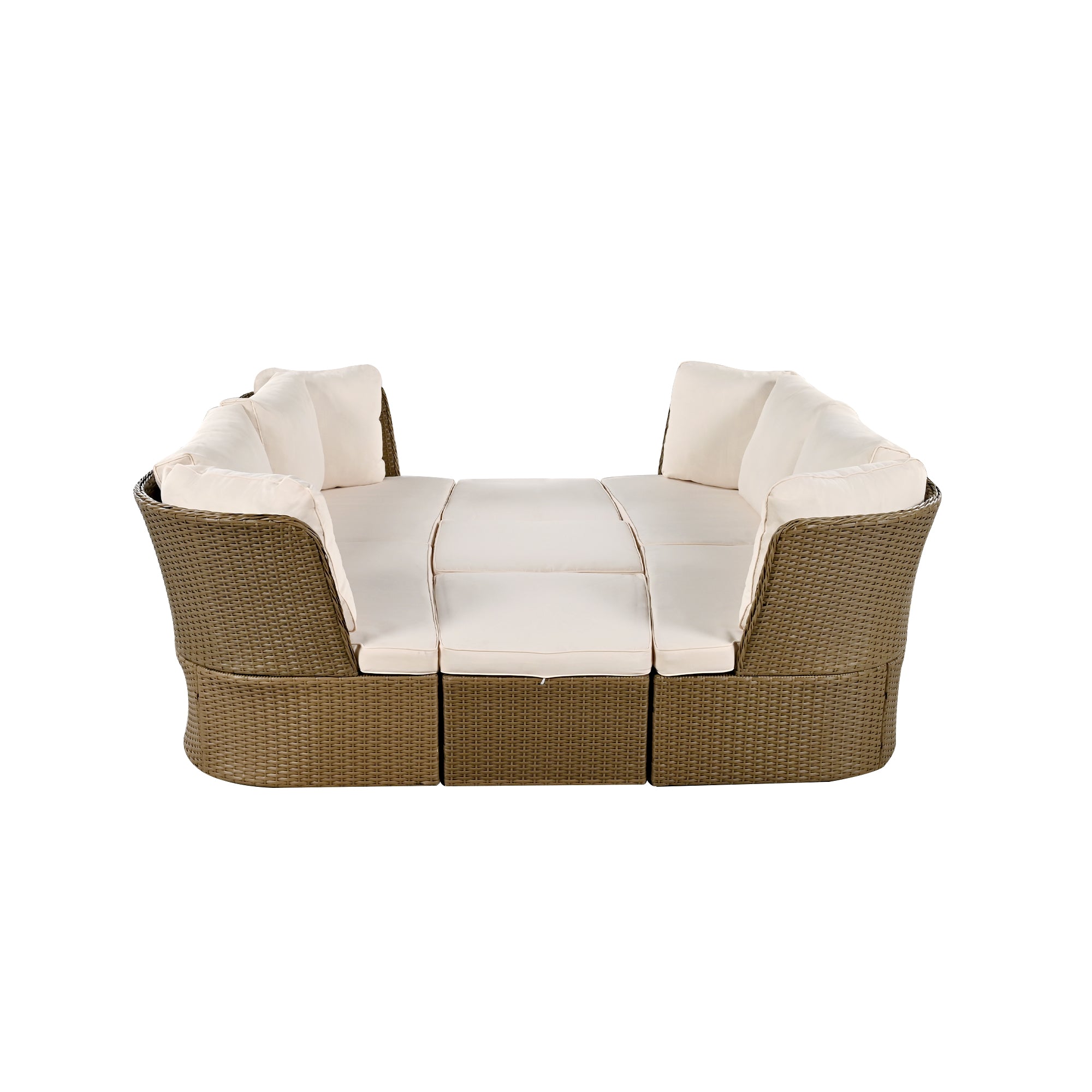 5-Piece Brown Wicker Outdoor Curved Day Bed with Beige Thick Cushions BOUSPS39-BEG