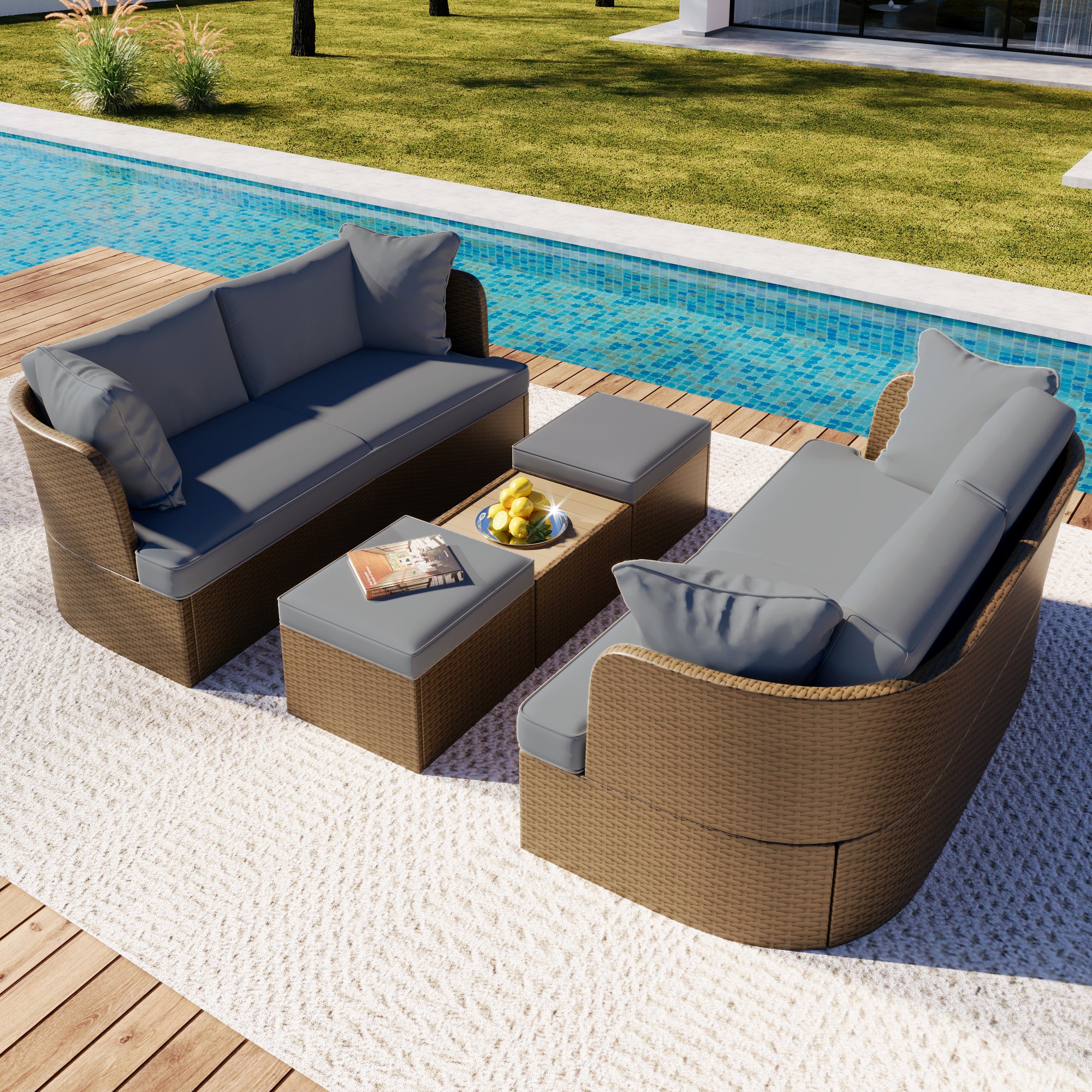 5-Piece Brown Wicker Outdoor Curved Day Bed with Beige Thick Cushions BOUSPS39-GR