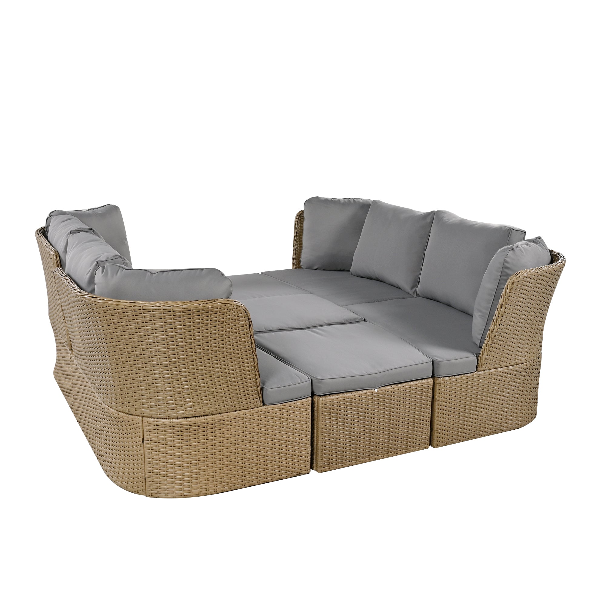 5-Piece Brown Wicker Outdoor Curved Day Bed with Beige Thick Cushions BOUSPS39-GR