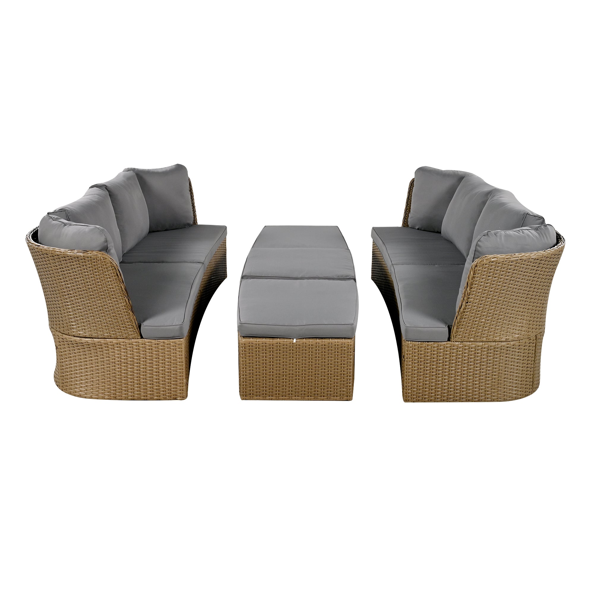 5-Piece Brown Wicker Outdoor Curved Day Bed with Beige Thick Cushions BOUSPS39-GR