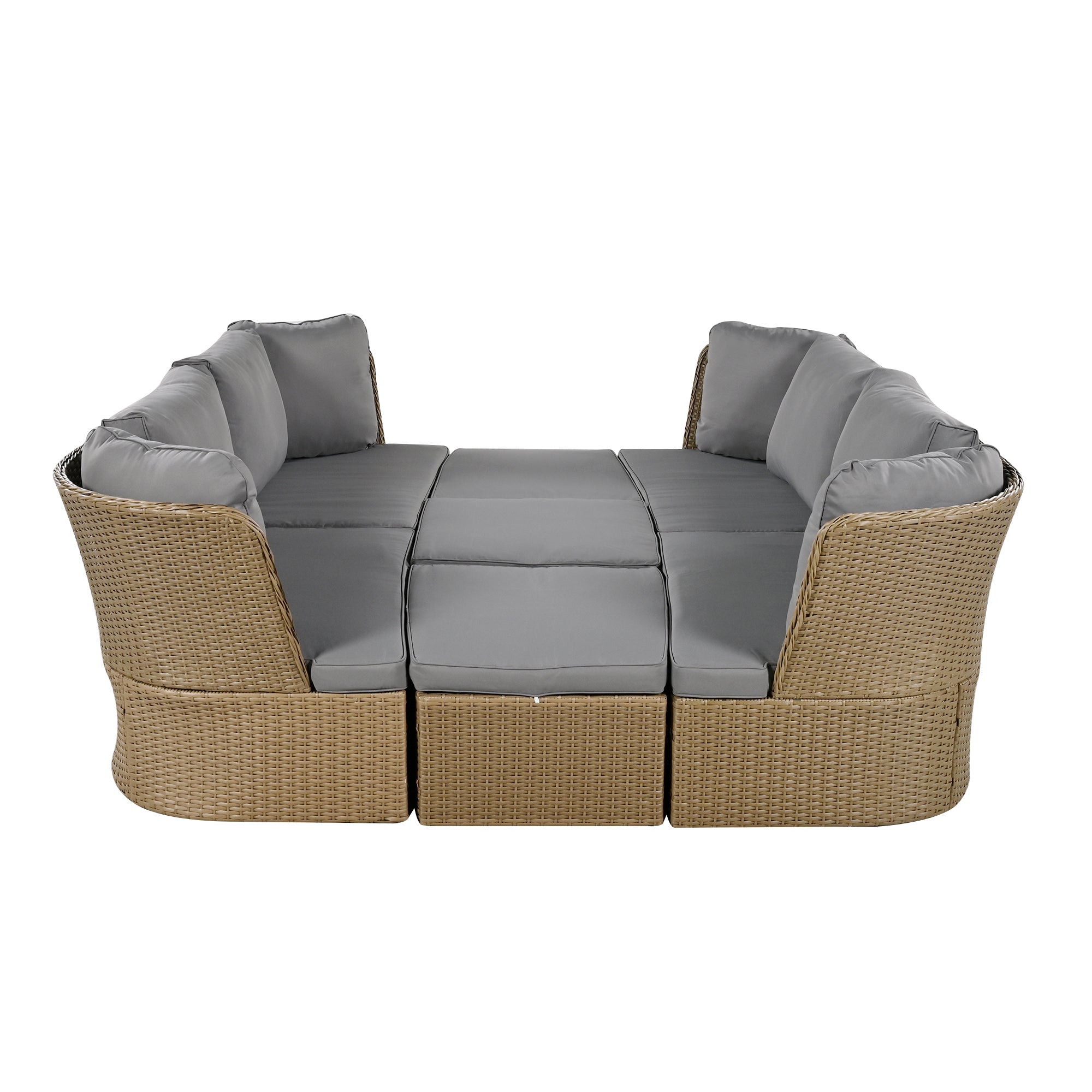 5-Piece Brown Wicker Outdoor Curved Day Bed with Beige Thick Cushions BOUSPS39-GR