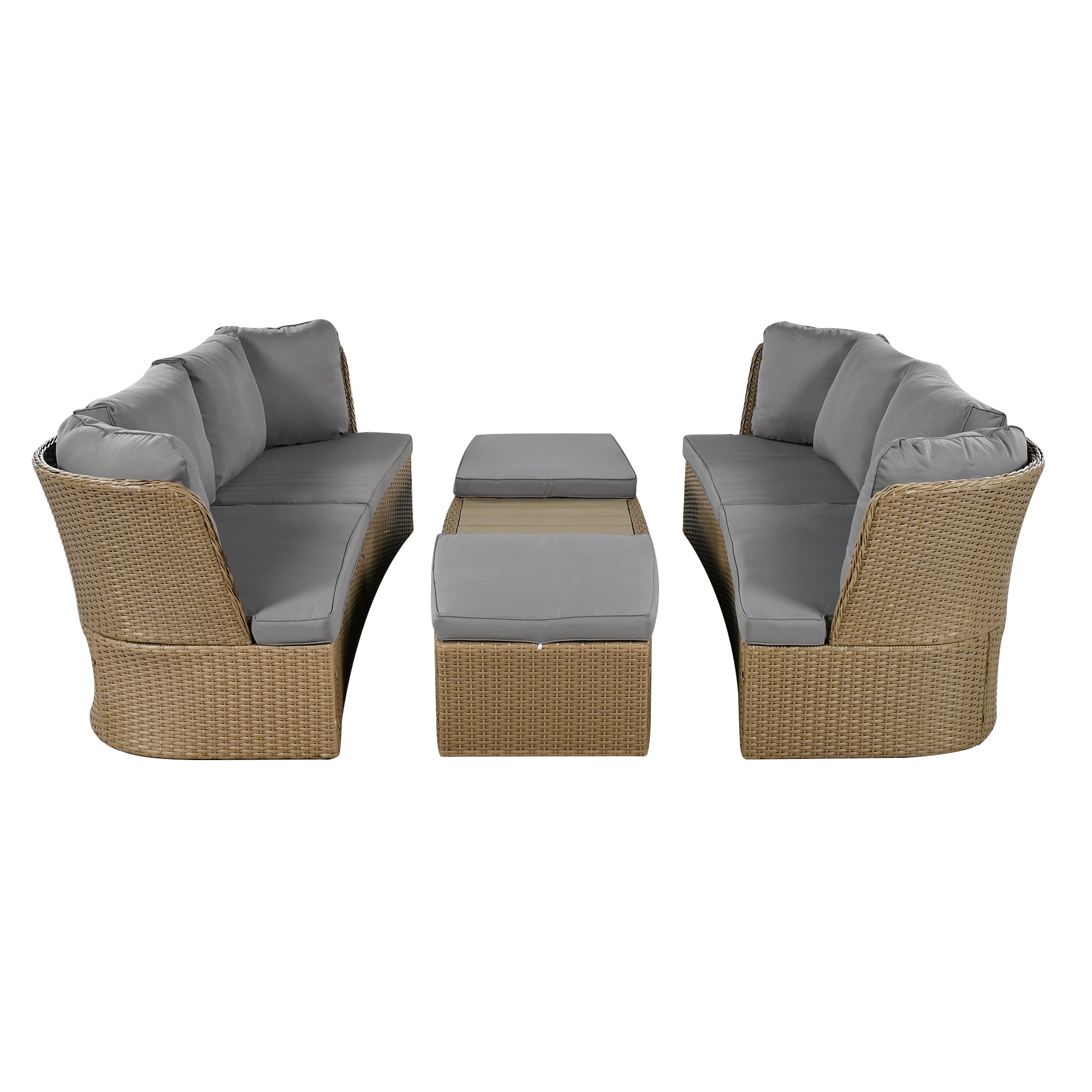 5-Piece Brown Wicker Outdoor Curved Day Bed with Beige Thick Cushions BOUSPS39-GR
