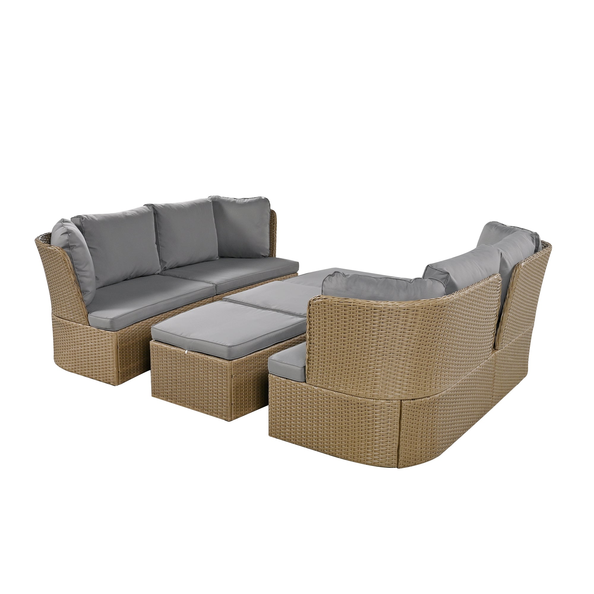 5-Piece Brown Wicker Outdoor Curved Day Bed with Beige Thick Cushions BOUSPS39-GR
