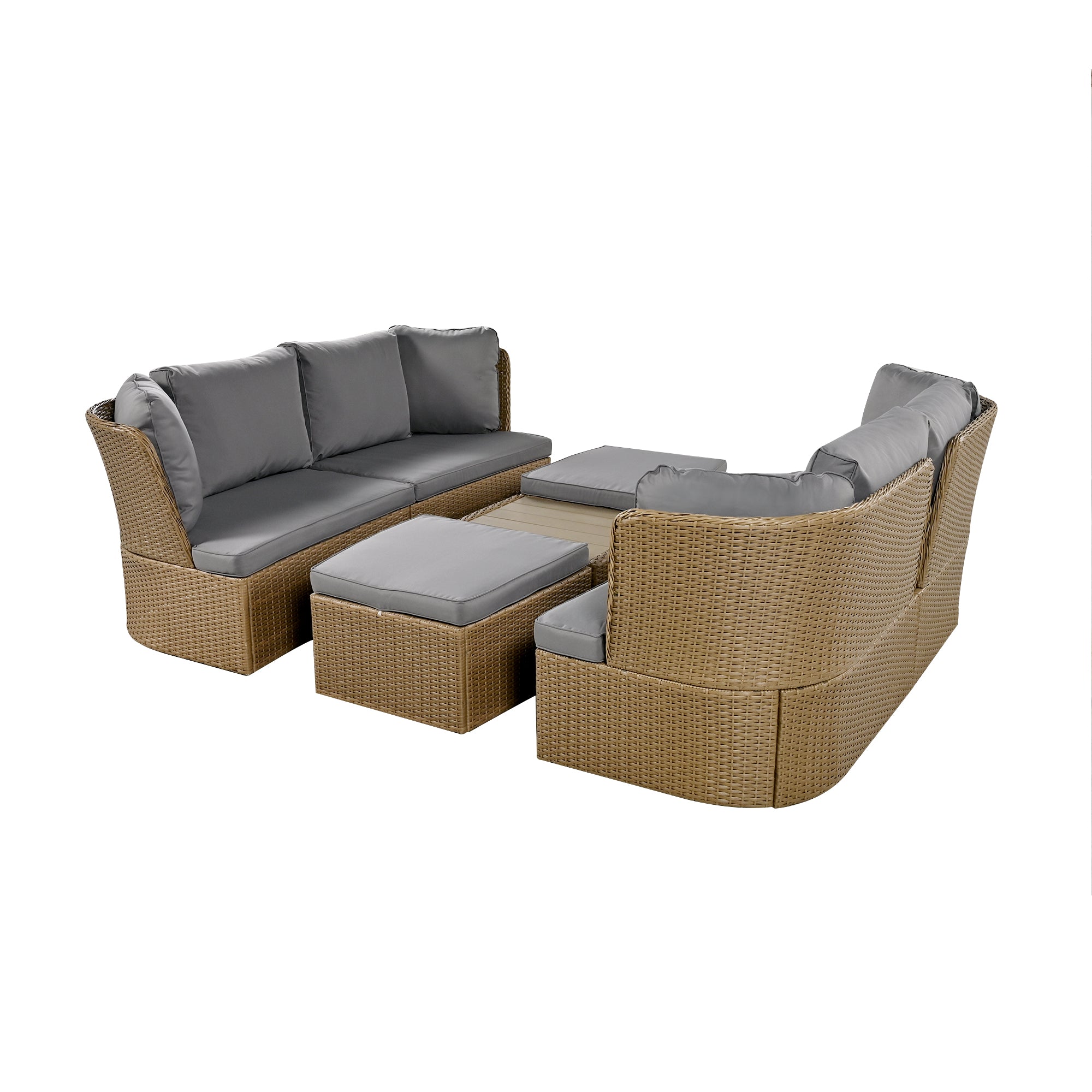 5-Piece Brown Wicker Outdoor Curved Day Bed with Beige Thick Cushions BOUSPS39-GR