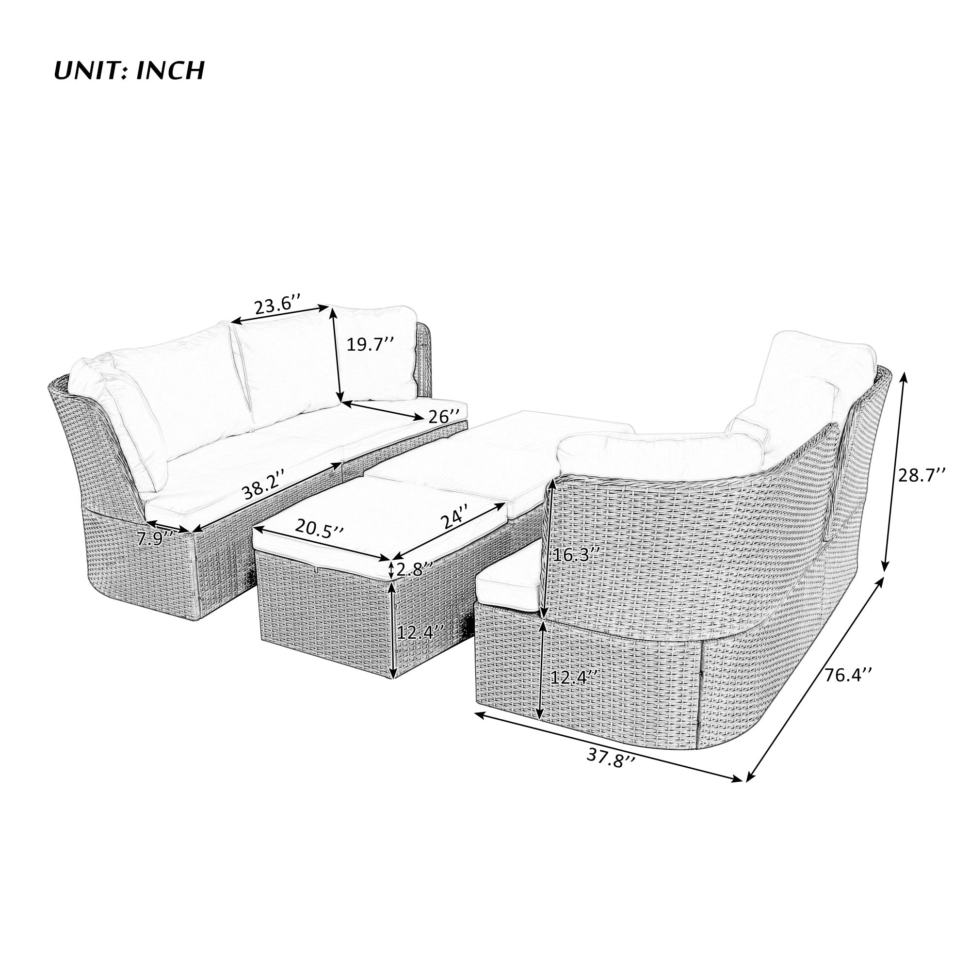 5-Piece Brown Wicker Outdoor Curved Day Bed with Beige Thick Cushions BOUSPS39-GR